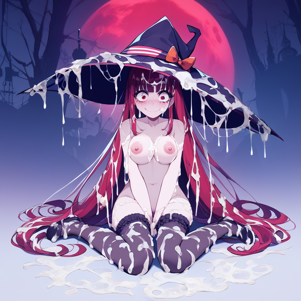 ai_generated cum_on_body embarrassed long_hair outside witch witch_hat