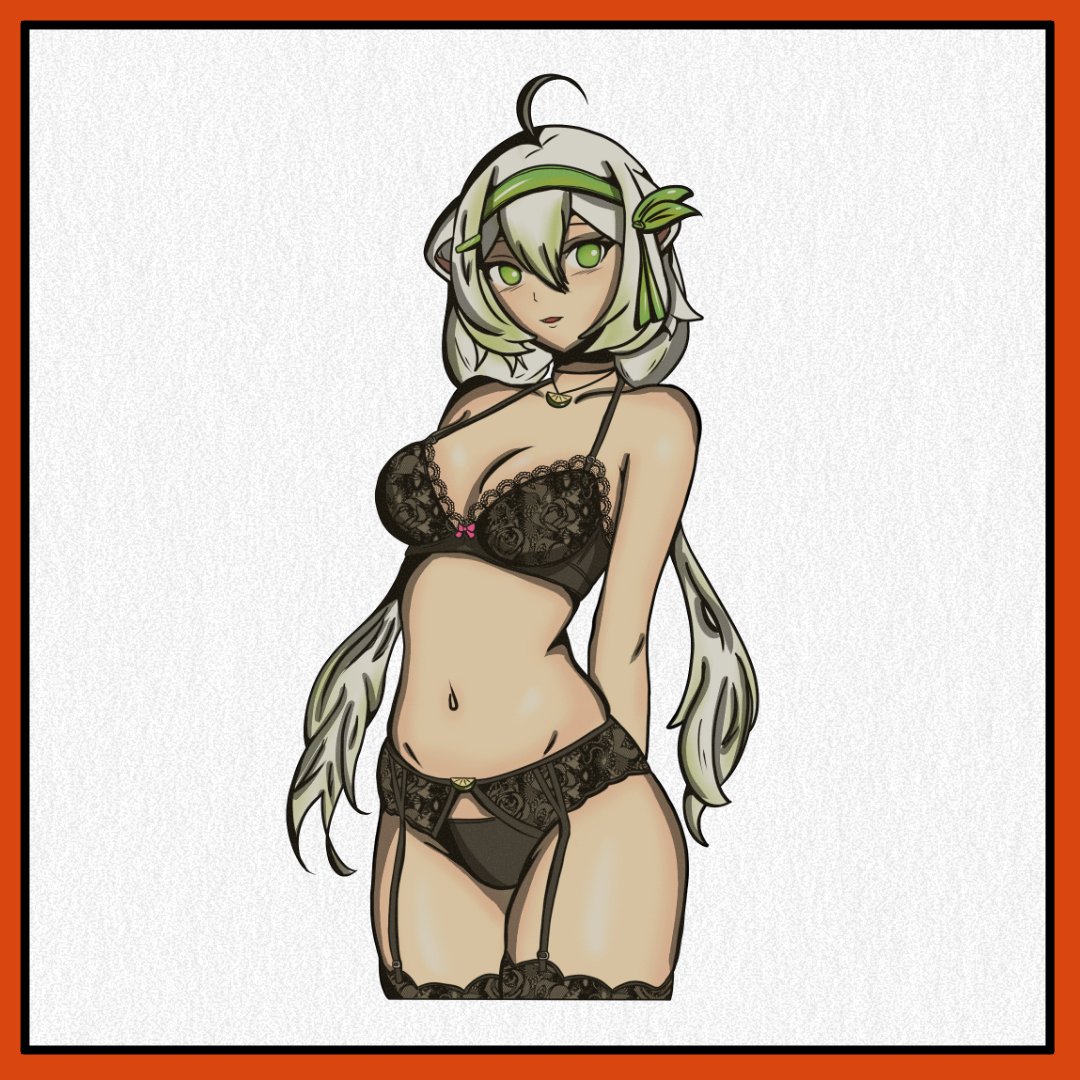 ahoge animal_ears big_breasts black_bra black_legwear black_lingerie black_panties breasts cleavage ferret_girl green_eyes green_highlights hair_ornament hairband hands_behind_back indie_virtual_youtuber laimu lime lingerie looking_at_viewer necklace off_shoulder open_mouth partially_clothed thighs twintails twitch underwear virtual_youtuber vtuber weeaboowizard white_background white_hair