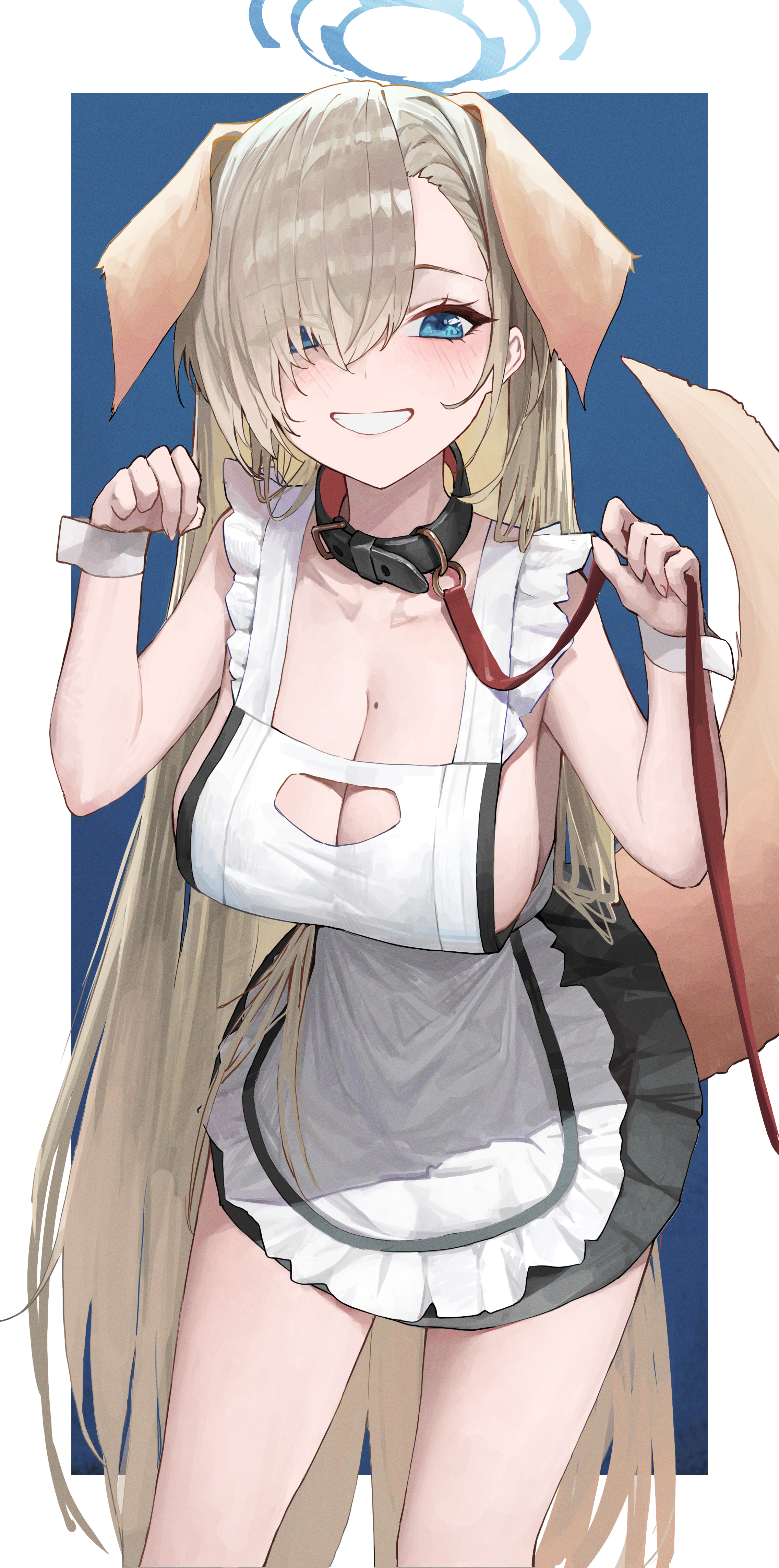 1girls, apron, asuna (blue archive), black skirt, blonde hair, blue archive, blue eyes, breasts, collar, dog ears, dog tail, fake animal ears, fake tail, female, halo, hwan (verypoor), large breasts, leash, long hair, looking at viewer, mole, mole on breast, nearly naked apron, skirt, wrist cuffs