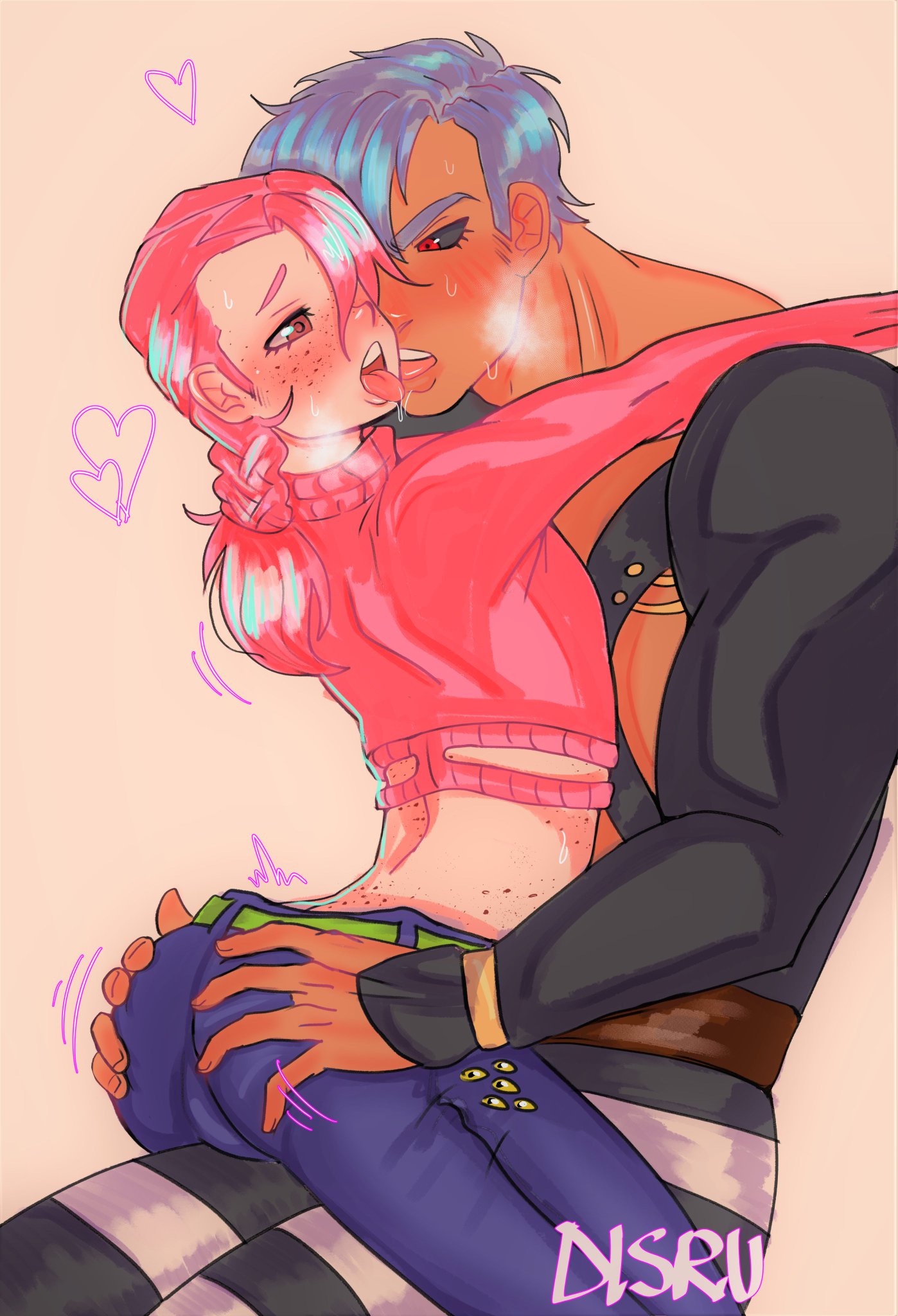 2boys ass_grab blush disru disruptiva femboy feminine_male fully_clothed gay jojo's_bizarre_adventure kissing male male/male male_only pink_hair risotto_nero vento_aureo vinegar_doppio yaoi