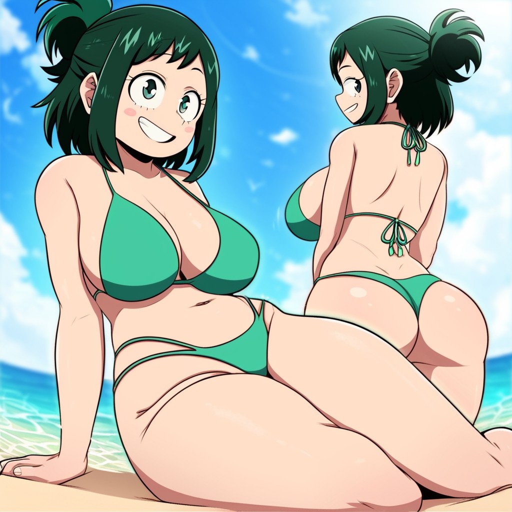 ai_generated beach bikini chubby chubby_female female green_eyes green_hair inko_midoriya milf my_hero_academia randomran smile smiling solo solo_female solo_focus