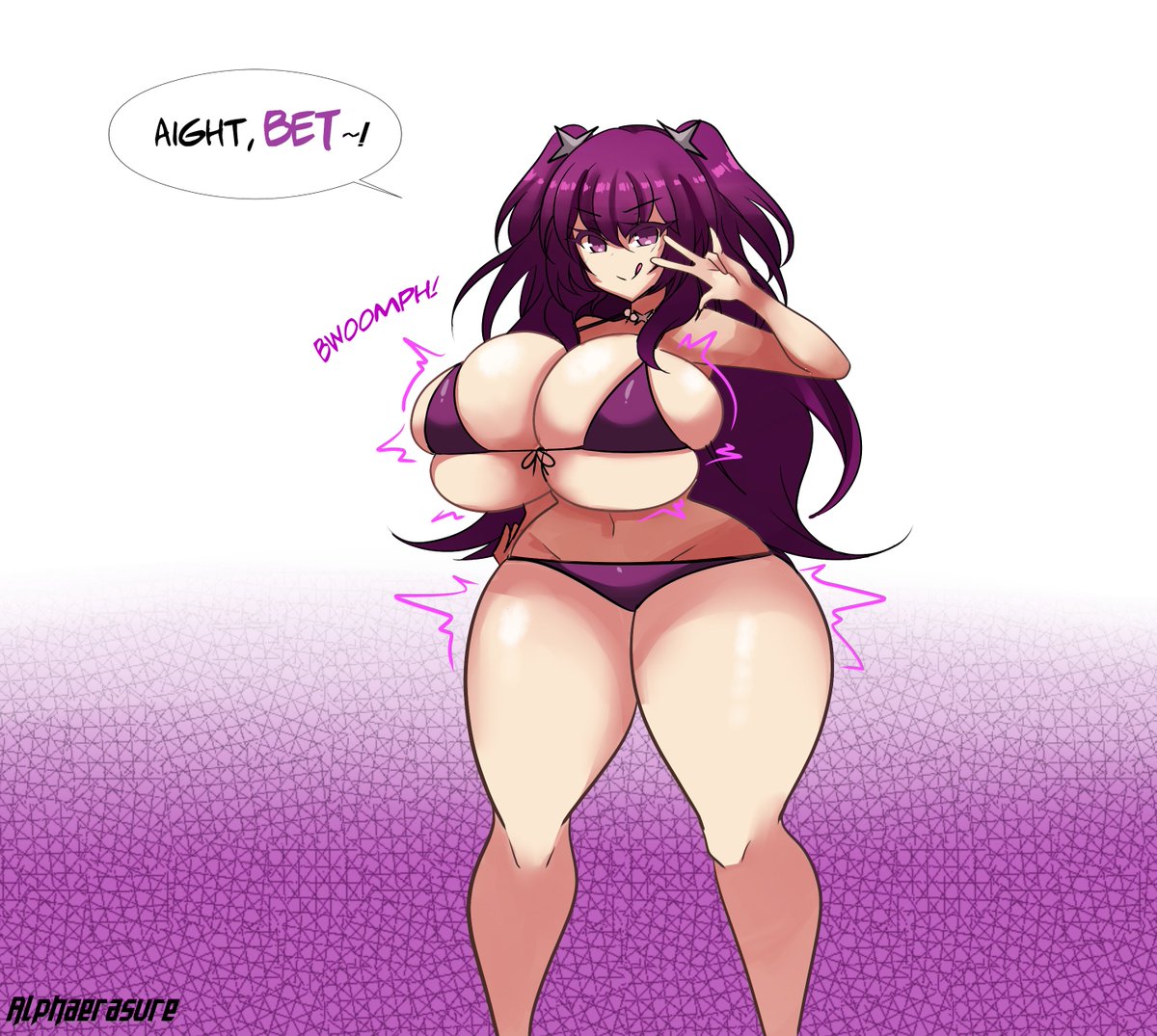 alphaerasure, ass expansion, big breasts, bikini, breast expansion, breast growth, breast growth (enlargement), breasts, dialogue, english text, female, huge breasts, purple eyes, purple hair, thighs