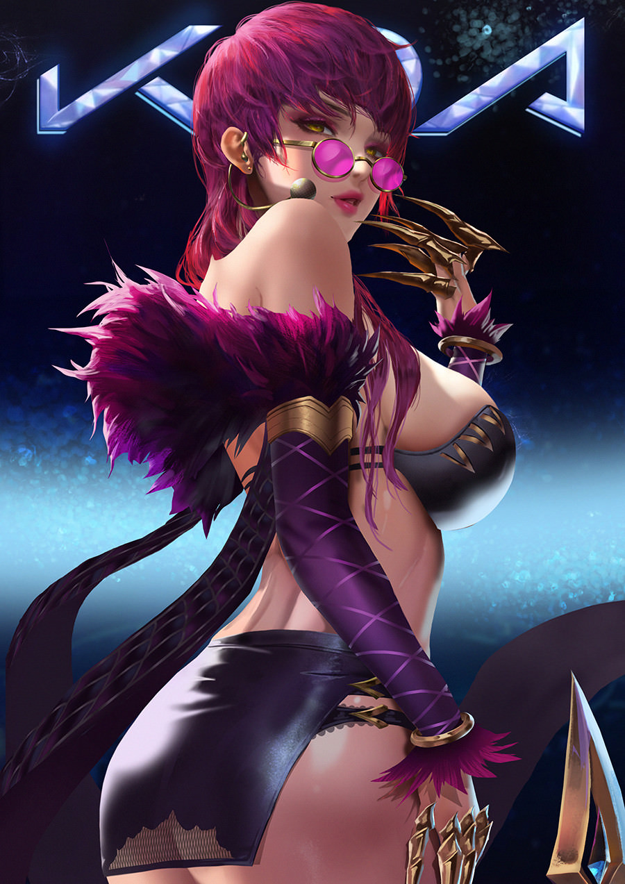 adjusting eyewear, adjusting glasses, alternate costume, evelynn, female, highres, idol, k/da evelynn, k/da series, league of legends, liebeloss .lex, lipstick, looking over eyewear, looking over glasses, pink-tinted eyewear, revealing clothes, sunglasses, tagme, tinted eyewear