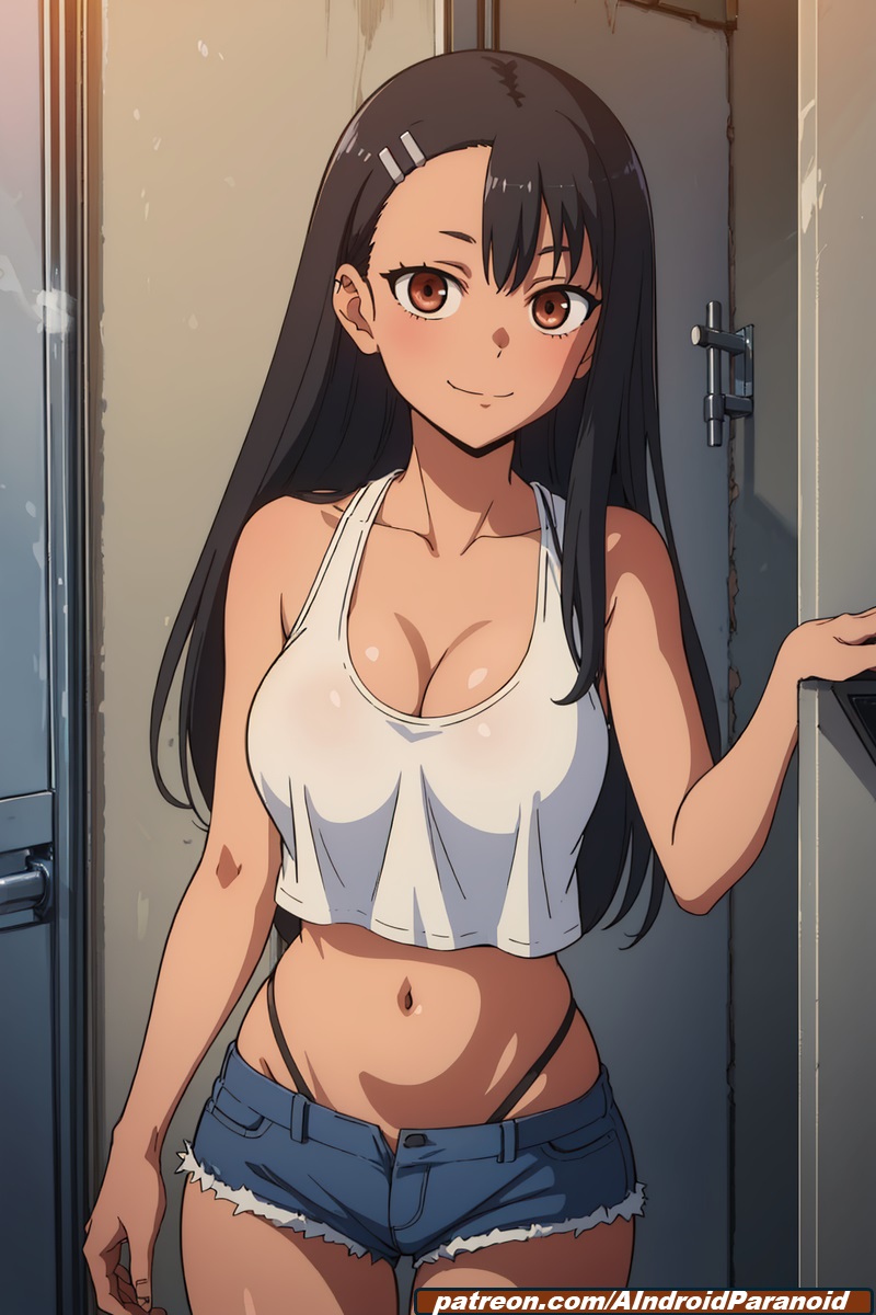 ai generated, aindroidparanoid, big breasts, black hair, breasts, brown eyes, busty, cleavage, female, hayase nagatoro, jean shorts, narrow waist, please don't bully me, nagatoro, shorts, skinny, slim waist, solo, tall female, tan, tan-skinned female, tanned, wide hips