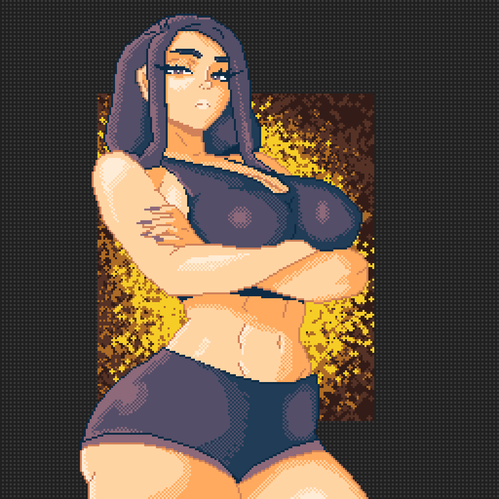 big_ass big_breasts friccxl fully_clothed highres looking_at_viewer pixel_art purple_eyes purple_hair simple_background wide_hips