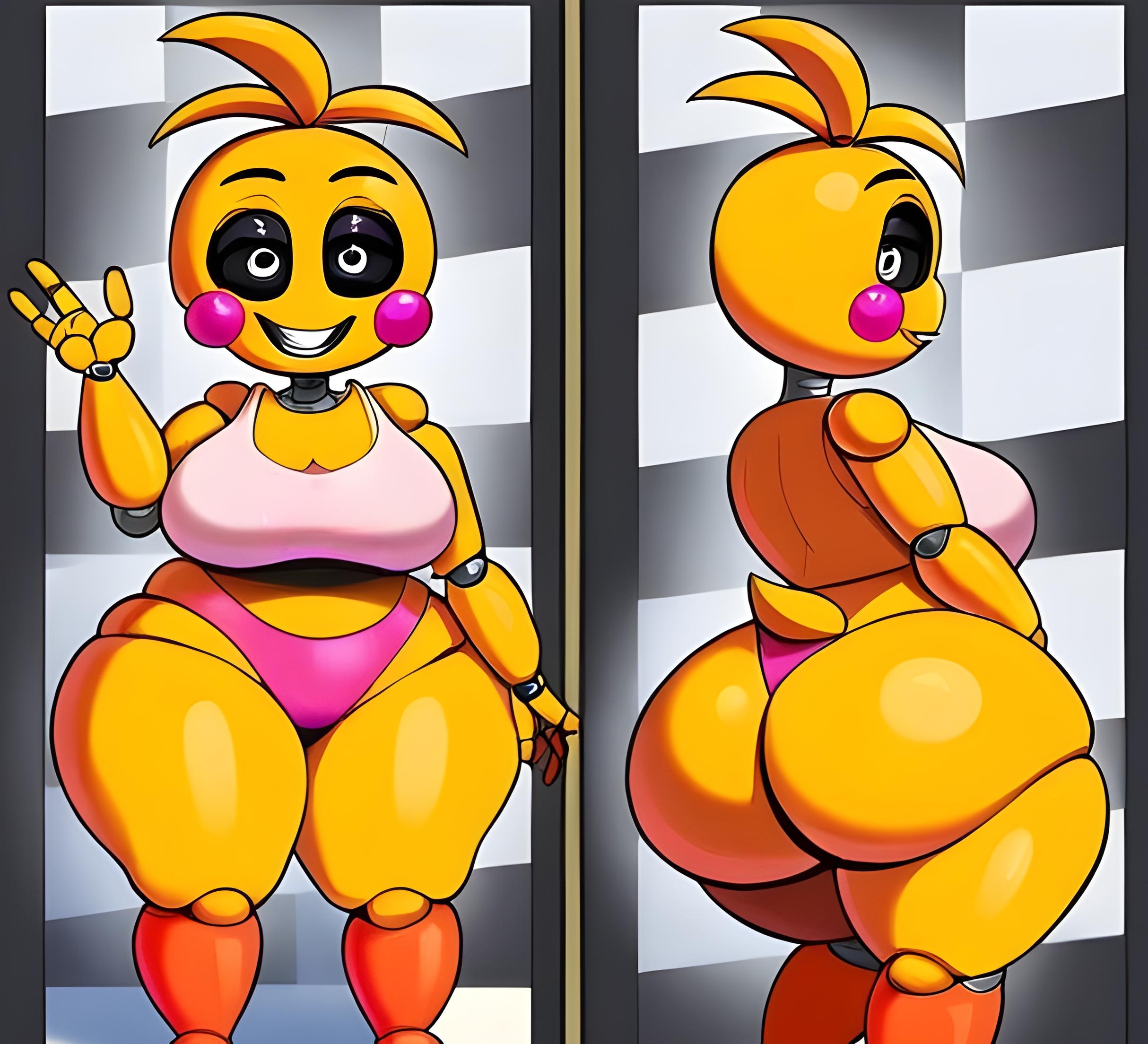 2d, ai generated, animatronic, animatronic female, ass, back view, big ass, big breasts, breasts, bubble ass, bubble butt, female, female focus, female only, five nights at freddy's, five nights at freddy's 2, front view, furry, furry only, huge ass, looking at viewer, looking back, robot, robot girl, short stack, shortstack, tagme, toy chica (fnaf)