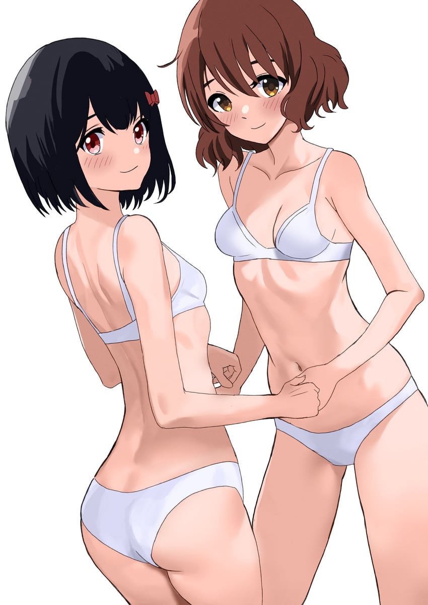 2girls absurd_res absurdres ass back bare_arms bare_belly bare_chest bare_hands bare_hips bare_legs bare_midriff bare_navel bare_shoulders bare_skin bare_thighs bare_torso belly belly_button black_hair black_hair_female blush blush_lines blushing_at_viewer blushing_female bra breasts brown_eyebrows brown_eyes brown_eyes_female brown_hair brown_hair_female cleavage collarbone covered_areola covered_areolae covered_breasts covered_crotch covered_nipples covered_pussy covered_vagina dot_nose elbows embarrassed embarrassed_female exposed exposed_arms exposed_belly exposed_legs exposed_midriff exposed_shoulders exposed_thighs exposed_torso female female_focus female_only fingers flat_belly flat_chest flat_chested groin hair_between_eyes hair_ribbon half_naked hand_holding hibike!_euphonium high_resolution high_school_student highres hisaishi_kanade holding_hands interlocked_fingers kinomiki legs legs_together light-skinned_female light_skin looking_at_viewer medium_breasts medium_hair multiple_females multiple_girls navel nude oumae_kumiko panties petite petite_body petite_breasts petite_female petite_girl pussy red_eyes red_eyes_female red_hair_ribbon red_ribbon ribbon school_girl school_girls short_hair shoulders sideboob simple_background skinny skinny_female skinny_girl skinny_waist slender_body slender_waist slim_girl slim_waist small_breasts smile smiling smiling_at_viewer standing teen_girl teenage_girl teenage_girls teenager thick_thighs thigh_gap thighs thin_waist underwear upper_body v-line wavy_hair white_background white_bra white_panties white_underwear