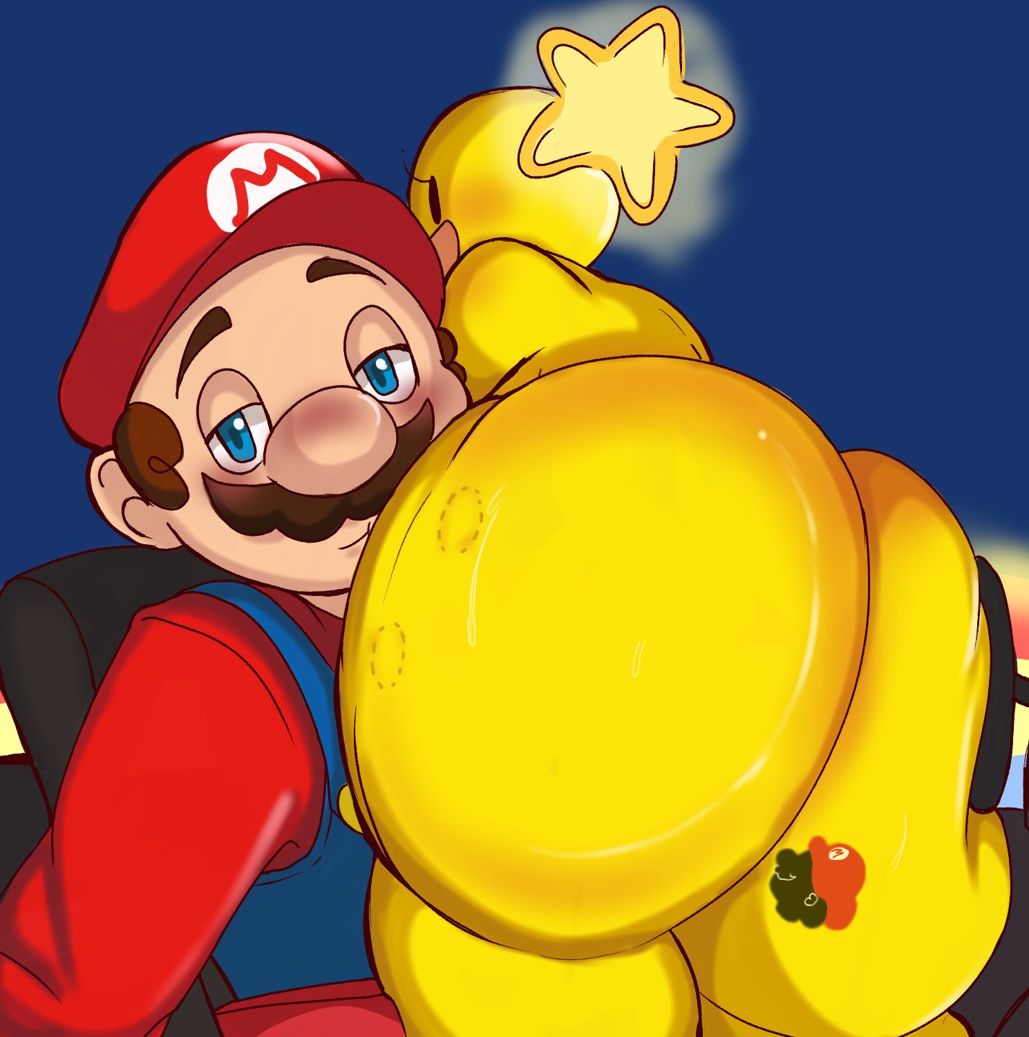 1boy, 1girls, anthro, ass, ass focus, ass grab, ass tattoo, ass up, bite mark, bite mark on ass, bite marks, female, huge ass, male, mario, mario (series), mario and luigi (series), mario kart, meme pose, nadja relish, nintendo, she wants to order, starlow, starlow with a body, tattoo, tattoo on butt, yellow body