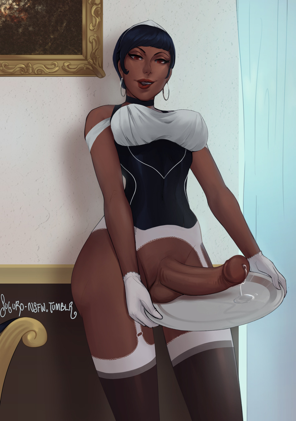 1futa 2d 2d_(artwork) artist_name balls big_breasts big_penis biting_own_lip black_hair black_hair_futa black_hair_red_eyes bob_cut breasts cleavage dark-skinned_futanari dark_skin digital_drawing_(artwork) digital_media_(artwork) erection futa_maid futa_only futanari hoop_earrings intersex looking_at_viewer maid maid_headdress maid_uniform no_panties penis penis_on_tray precum red_eyes seductive_look seductive_smile serving_cock short_hair silver_tray smooth_penis smooth_skin solo solo_futa source_not_archived suguro testicles tray tumblr_username very_short_hair white_gloves