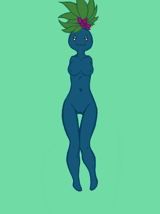 1girls :3 anthro armless barefoot breasts female female_only flora_fauna green_background i-am-that-japanesse nintendo nude oddish plant plant_hair pokémon_(species) pokemon pokemon_rgby ponytail pussy simple_background solo video_games