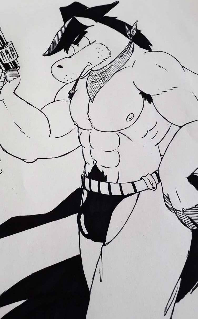 anthro black_and_white bulge chaps cowboy firearm gun handgun hanna-barbera hat horse male male_only monochrome muscular orchidshield quick_draw_mcgraw revolver solo the_quick_draw_mcgraw_show thong topless weapon