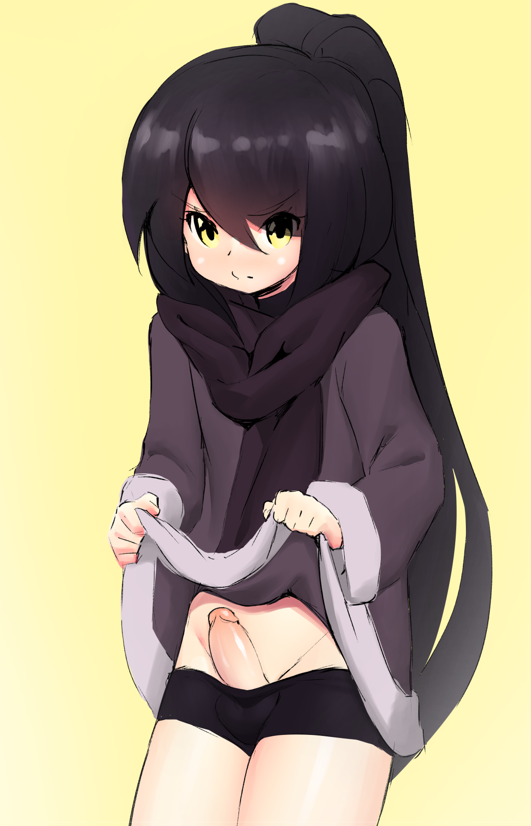 1boy androgynous angry balls bulge cute erection femboy girly gradient_background lime_eyes looking_at_viewer male male_only necrosmos penis penis_out scarf shiny_skin shorts_down small_penis sweater sweater_lift trap very_long_hair