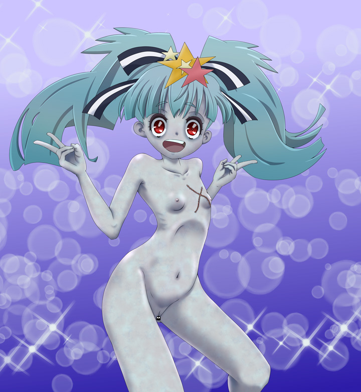 blue_hair blue_skin breasts eyebrows_visible_through_hair female fujimi_keisuke hair_ornament hair_ribbon hoshikawa_lily open_mouth red_eyes ribbon small_breasts solo star star_hair_ornament zombie zombie_land_saga