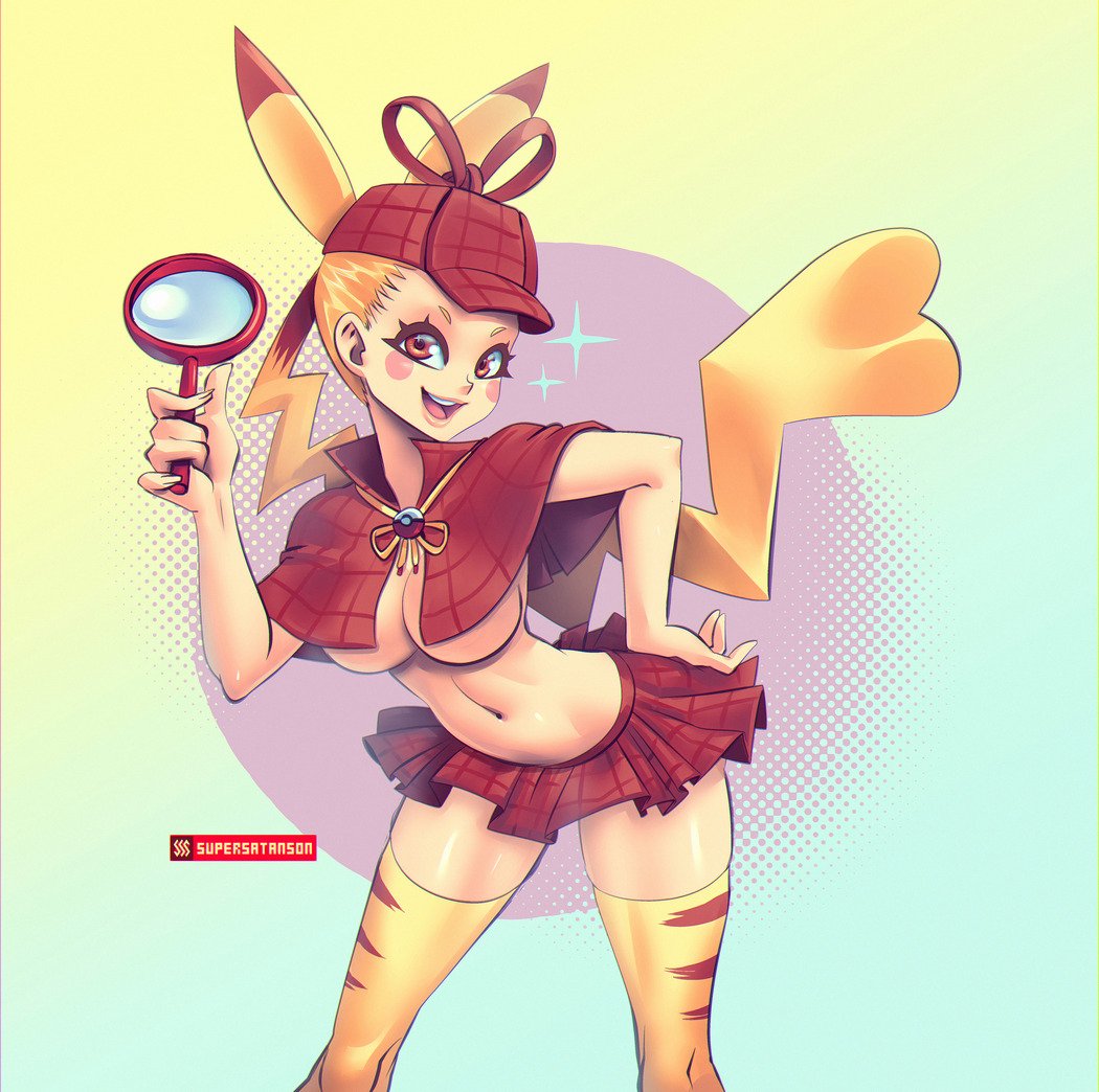 1girls bimbo breasts cleavage detective_pikachu detective_pikachu_(series) female_only hat hourglass_figure human humanized humanized_pokemon looking_at_viewer magnifying_glass nintendo no_bra pikachu pokemon pokemon_detective_pikachu rule_63 shawl skirt smile supersatanson underboob