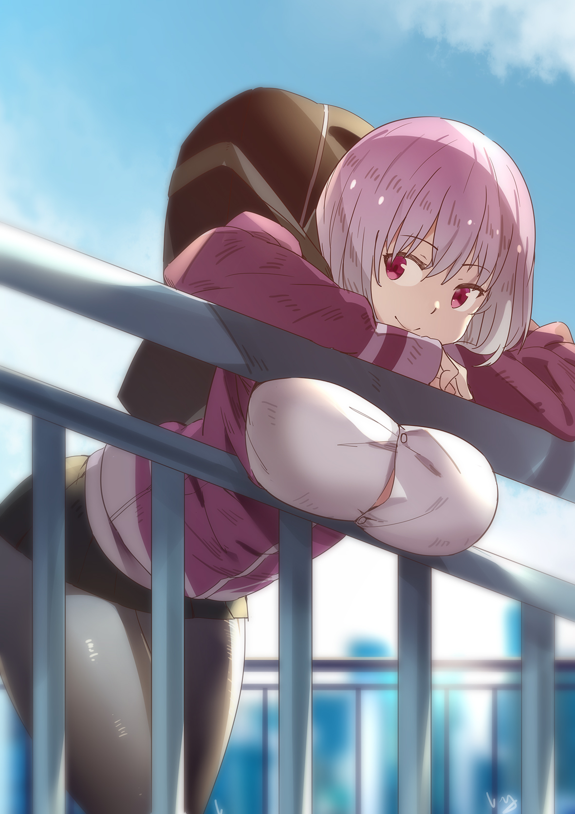 backpack, breasts, breasts squeeze, cleavage, clothed, club3, female, female only, huge breasts, human, nanaya (daaijianglin), outdoors, pink eyes, pink hair, shinjou akane, solo, ssss.gridman