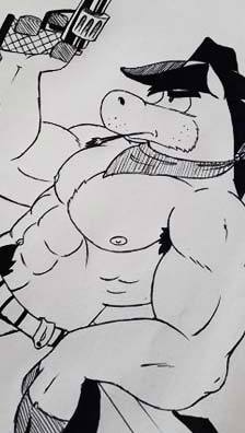 anthro black_and_white chaps cowboy firearm gun handgun hanna-barbera hat horse male male_only monochrome muscular orchidshield quick_draw_mcgraw revolver solo the_quick_draw_mcgraw_show topless weapon