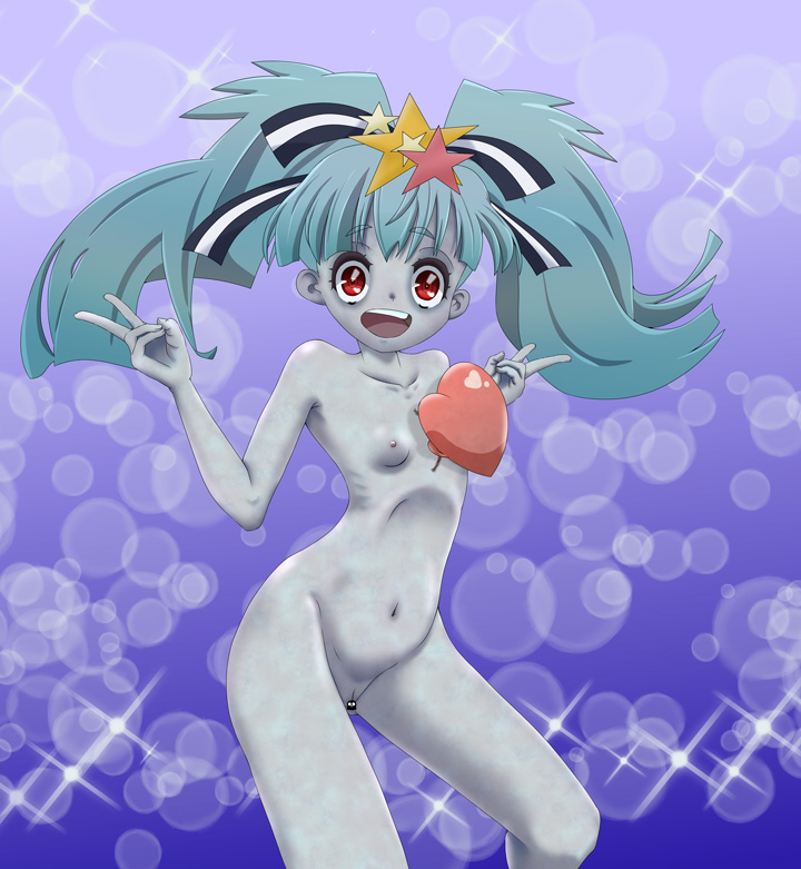 blue_hair blue_skin breasts eyebrows_visible_through_hair female fujimi_keisuke hair_ornament hair_ribbon heart hoshikawa_lily open_mouth red_eyes ribbon small_breasts solo star star_hair_ornament zombie zombie_land_saga