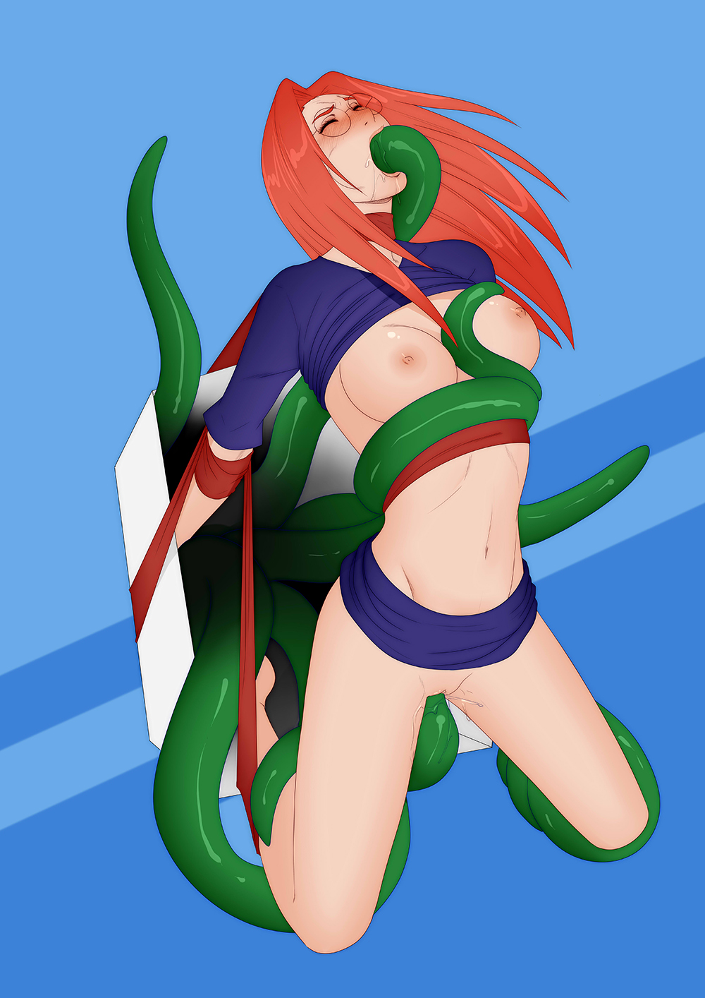 areolae, blush, box of tentacles, breasts, closed eyes, clothed sex, clothing, fellatio, female, female only, forced, gift box, glasses, hair, long hair, nipples, no bra, no panties, oo sebastian oo, oral, penetration, pussy, rape, red hair, restrained, sex, shirt, shirt lift, skirt lift, solo, tentacle, tentacle around breast, tentacle around waist, tentacle in mouth, tentacle in pussy, tentacle monster, tentacle rape, tentacle sex, tentacles around legs, vaginal penetration