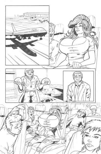 1000_ways_to_die airplane belly_button black_and_white breast_expansion breast_implants breasts cleavage comic comic_page connie_(1000_ways_to_die) decompression female implants male official_art paul_abtruse people_in_background textless_version