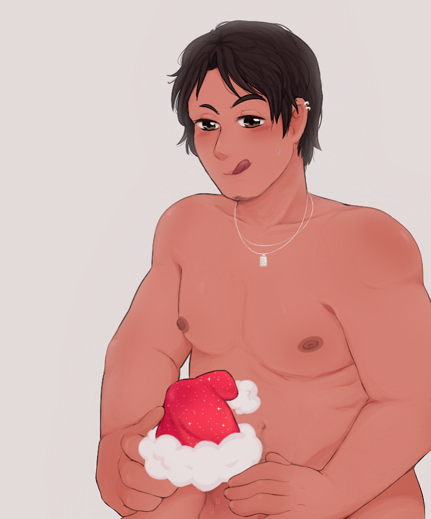 1boy 1male balls blush brown_eyes brown_hair brown_nipples censored_penis christmas christmas_hat christmas_present color colored dark-skinned_male dark_penis digital_media_(artwork) earrings erect_nipples erection genitals green_eyes half-closed_eyes hand_on_penis handjob handsome hat_on_penis hidden_penis hiding_erection human jewelry male male_only masturbation merry_christmas nipples no_panties nude nude_male original original_character penis pubic_hair santa_hat self_masturbation short_hair simple_background solo solo_focus stubble sweat tan_body testicles text tongue_out