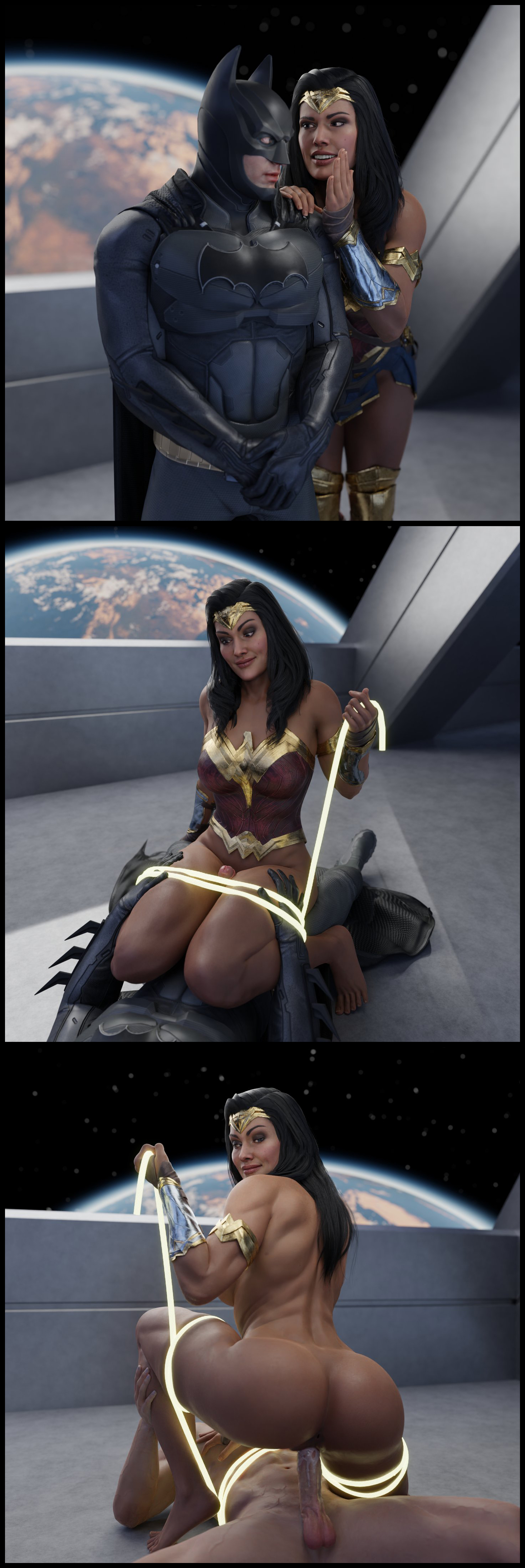 1boy, 1girls, 3d, armlet, ass, athletic, athletic female, balls, barefoot, batman, batman (bruce wayne), batman (series), biceps, big ass, black hair, blue eyes, bracelet, breasts, bruce wayne, bubble ass, bubble butt, busty, comic, corset, cowgirl position, cum, cum in pussy, cum inside, cum leaking, dc, dc comics, dominant female, domination, eyeshadow, female, female focus, female on top, femdom, flexing, hourglass figure, injustice 2, lasso, lasso of truth, long hair, looking at viewer, looking back, makeup, male, muscular, muscular female, navel, nude, nude female, nude male, nudity, penetration, penis, pussy, quick e, seductive, seductive eyes, seductive look, seductive smile, sex, sideboob, straight, tagme, testicles, thigh sex, tied up, vagina, vaginal penetration, vaginal sex, wide hips, wonder woman, wonder woman (series)