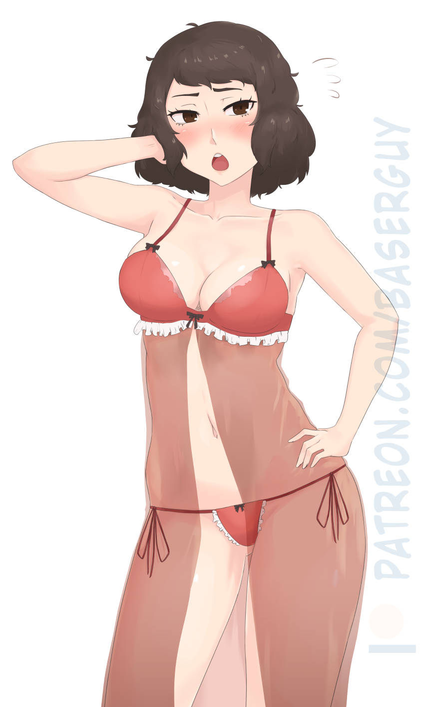 1girls, atlus, baser guy, blush, blushing, bottomwear, brown eyes, brown hair, cleavage, female, female only, hair, hand on head, hand on hip, lingerie, mature, mature female, nightgown, panties, persona, persona 5, red panties, sadayo kawakami, short hair, solo, solo female, thighs, topwear