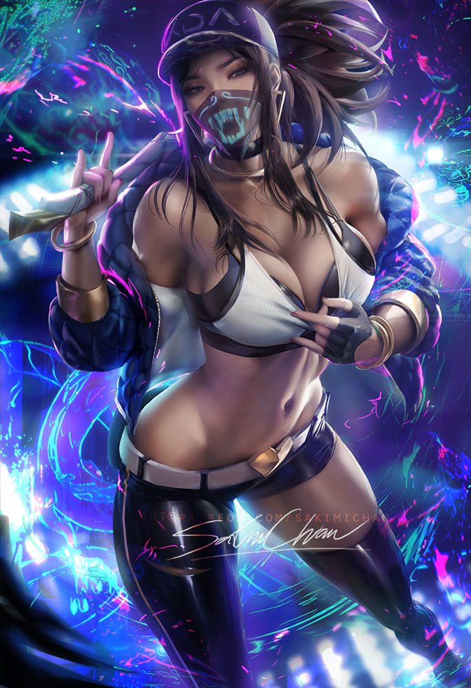 1girls, akali, alternate costume, breasts, cleavage, female, female only, k/da akali, k/da series, league of legends, looking at viewer, pinup, sakimichan, solo