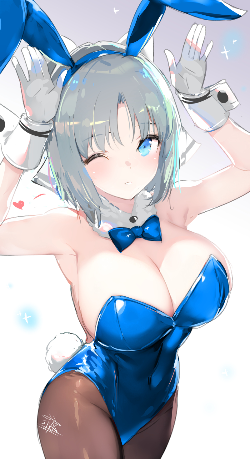 1girls, 2d, big breasts, blue eyes, blush, bowtie, breasts, bunny ears, bunnysuit, female, gloves, hands up, large breasts, senran kagura, silver hair, solo, wink, yaegashi nan, yumi (senran kagura)