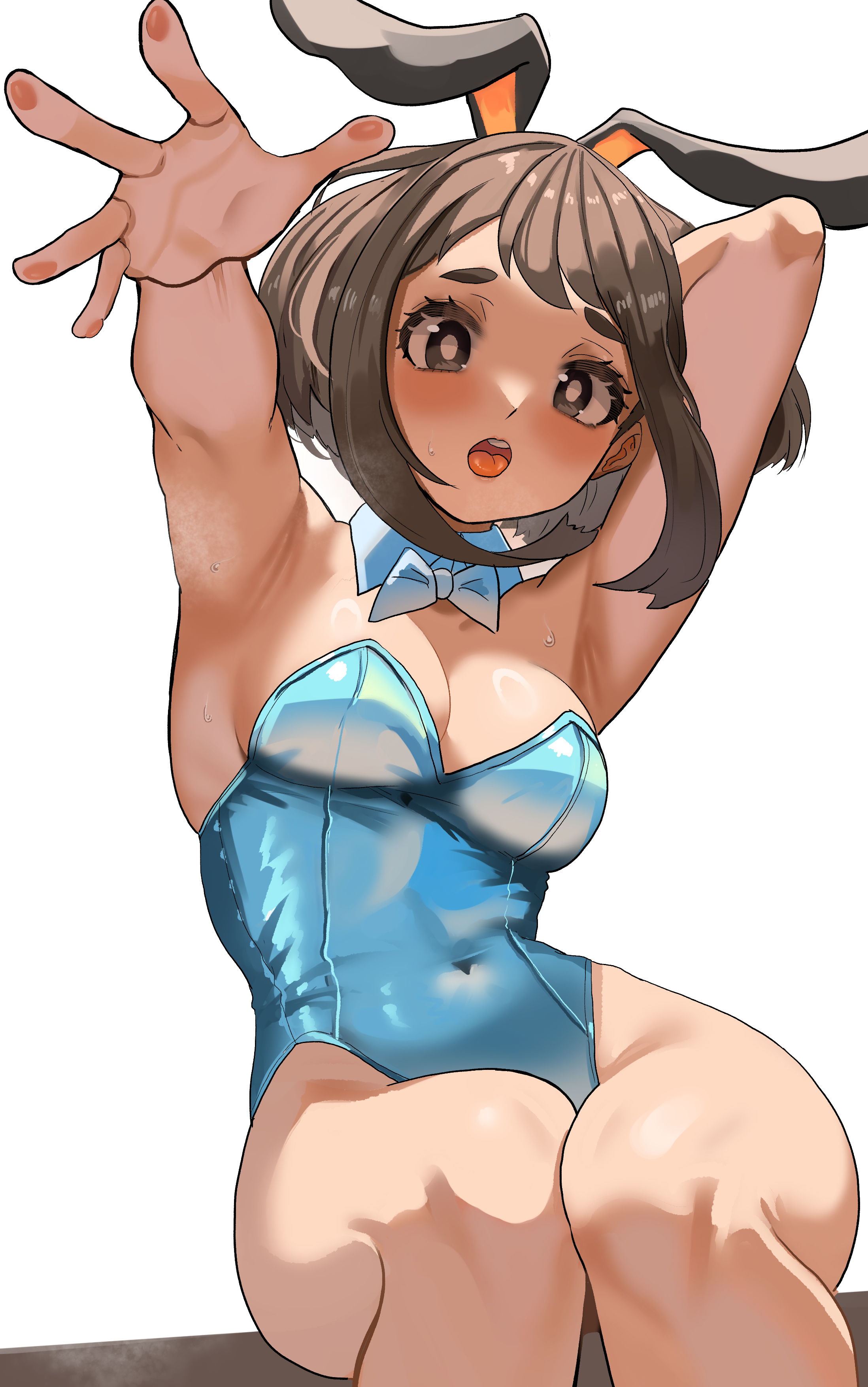 1girls, armpits, arms behind head, bangs, bowtie, breasts, brown eyes, brown hair, brown-haired female, bunny ears, bunnysuit, collar, fake animal ears, female, female only, highres, leotard, looking at viewer, my hero academia, ochako uraraka, short hair, sitting, solo, white background, zd (pixiv6210083)