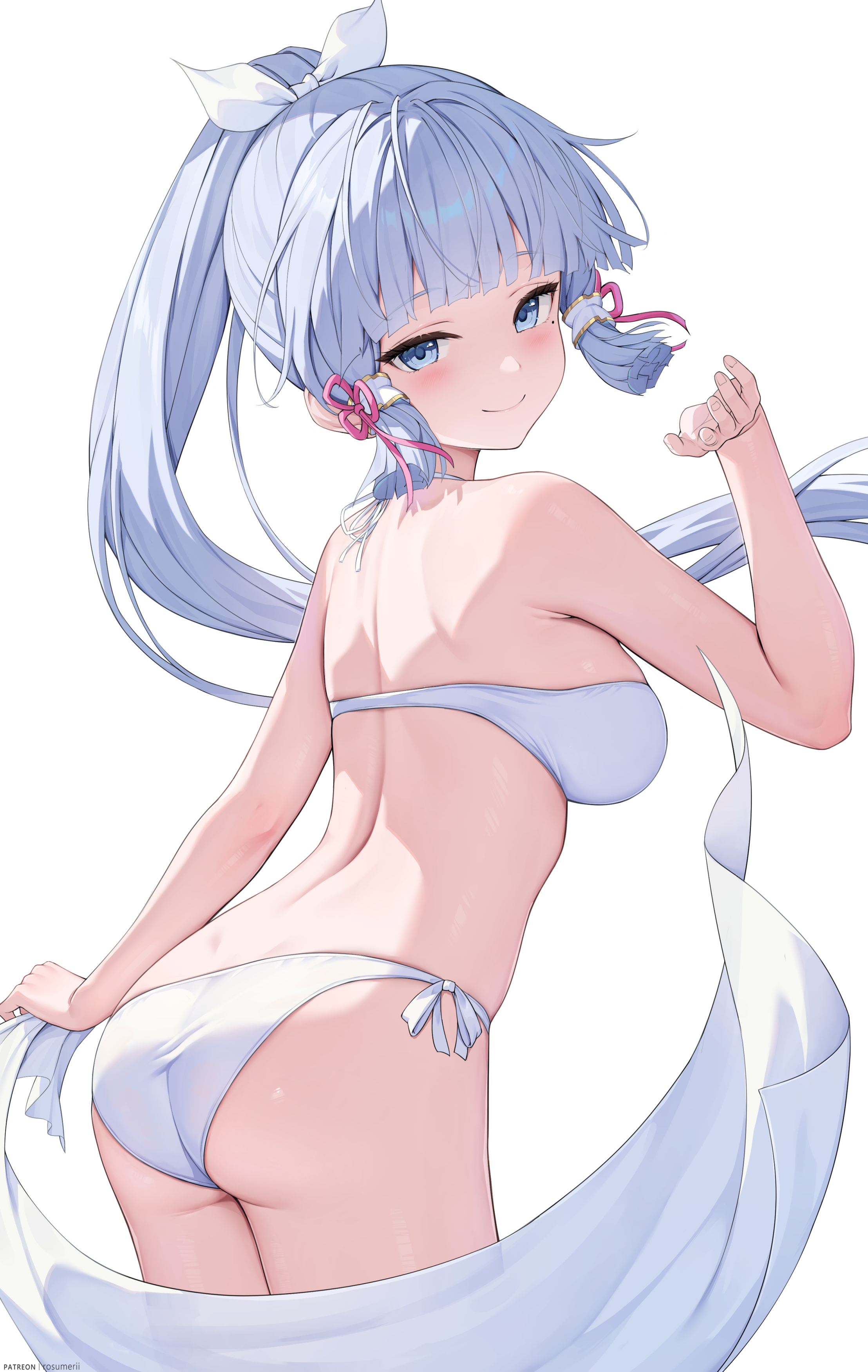 ass, beauty mark, bikini, breasts, cloth, female, genshin impact, kamisato ayaka, medium breasts, rear view, rosumerii, sideboob, smile, solo female