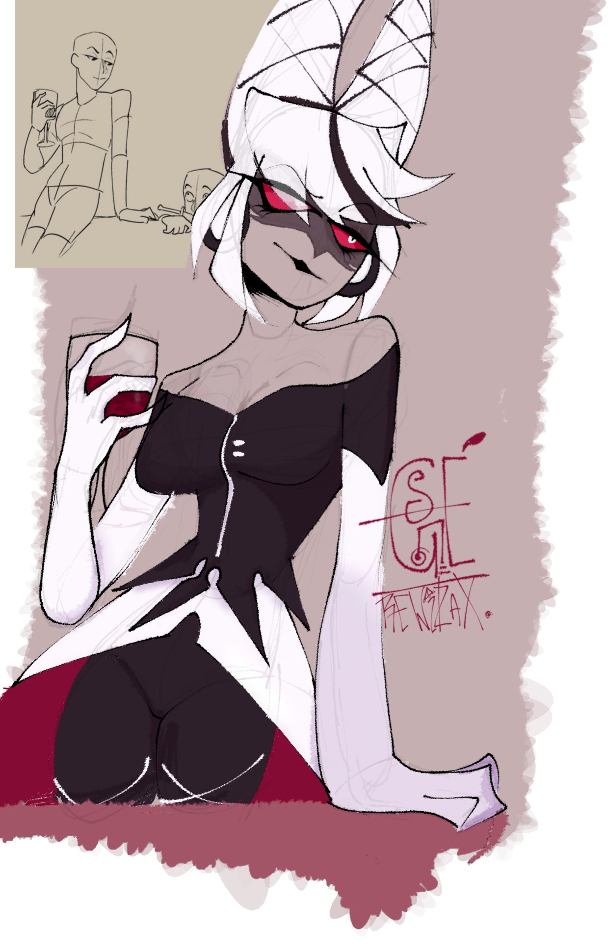 1girls, 2023, big breasts, breasts, carmilla carmine, cleavage, demon, demon girl, demoness, female, female only, glass, hair over one eye, hazbin hotel, holding object, mature female, milf, red sclera, rewitzax, sketch, smile, smiling, smirk, solo, solo female, white eyes, white hair, wine, wine glass
