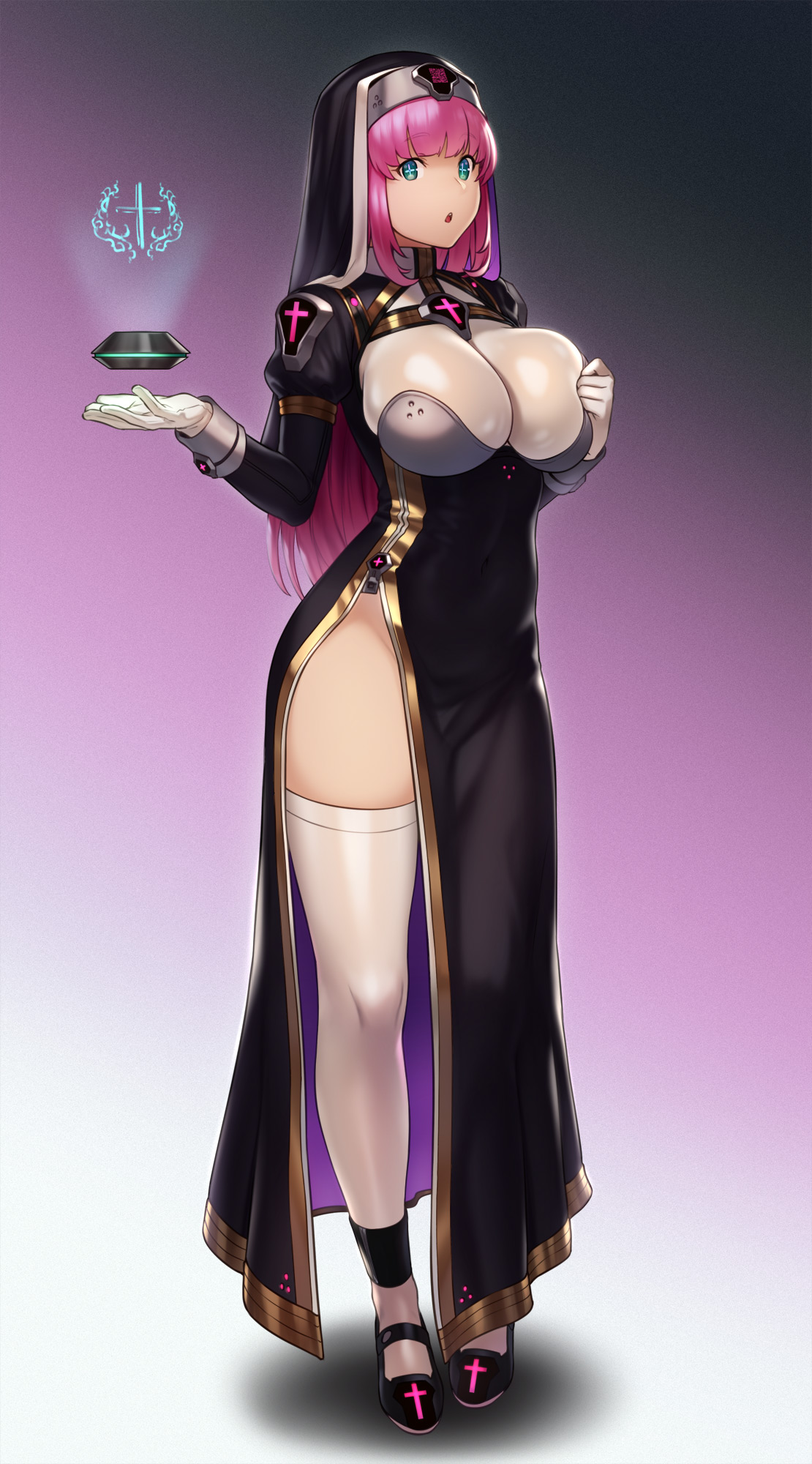 blue eyes, breasts, cleavage, dress, female, female only, houtengeki, large breasts, long hair, nun, pink hair, solo, standing, tagme, thighhighs