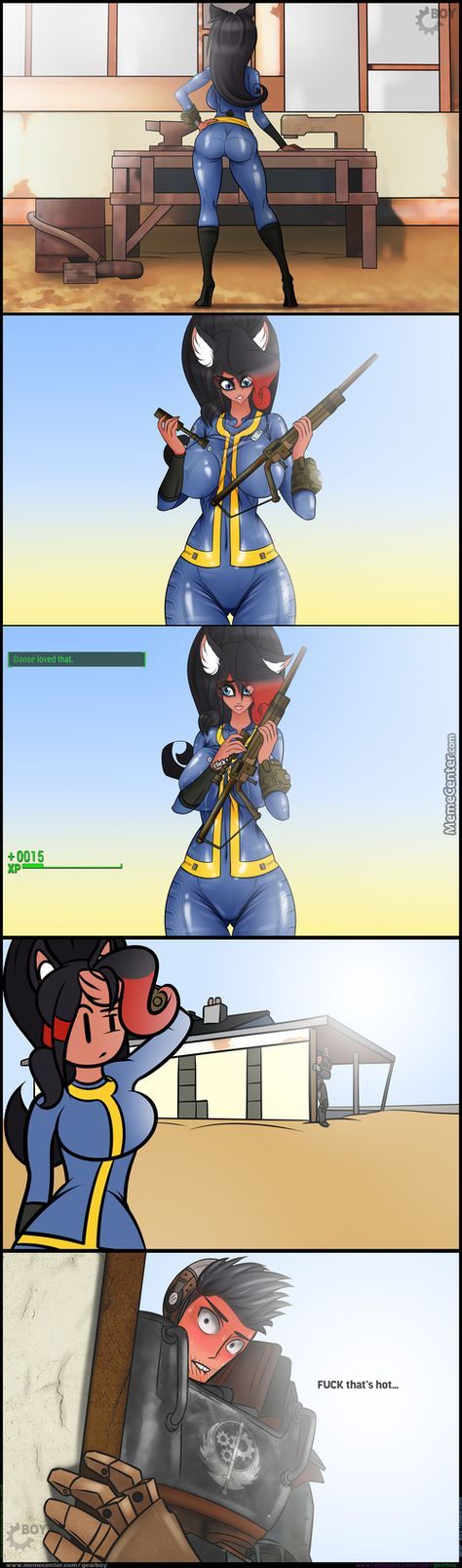 1boy, 1girls, armor, ass, big ass, big breasts, black hair, bodysuit, breasts, cat ears, cat girl, catgirl, comic, dark skin, dark-skinned female, fallout, female, gearboy, human, large breasts, male, pip-boy, power armor, power armor (fallout), red hair, rust, text, thick thighs, thigh gap, vault girl, vault suit, watermark