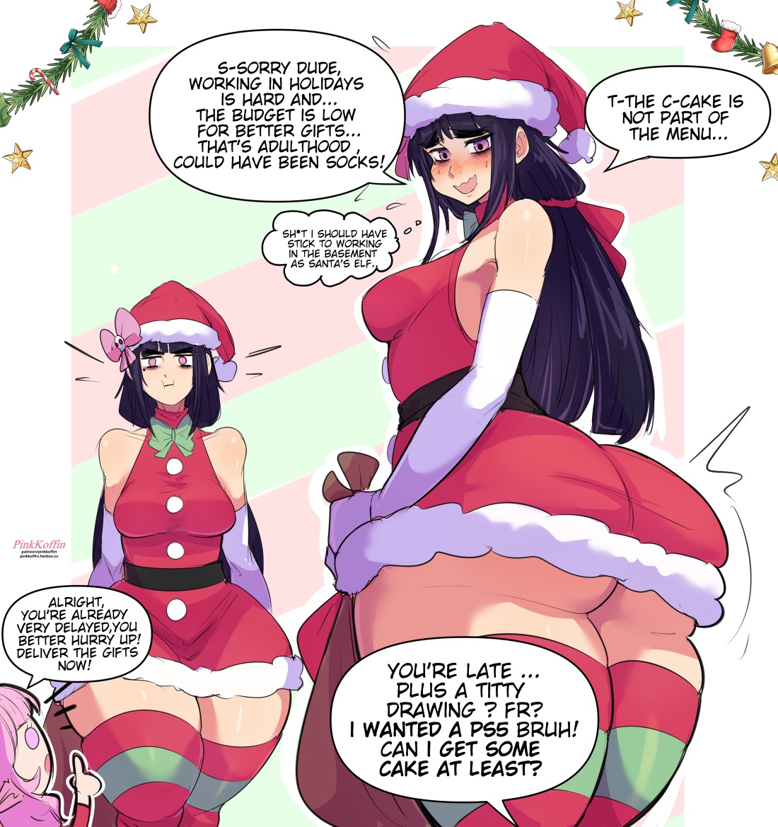 1girls, ass, big ass, breasts, bubble ass, bubble butt, christmas, dialogue, elf-chan, english text, female, hime cut, huge ass, koffin, light skin, light-skinned female, long hair, medium breasts, original, original character, original characters, pinkkoffin, purple eyes, purple hair, santa costume, santa hat, skirt, wide hips