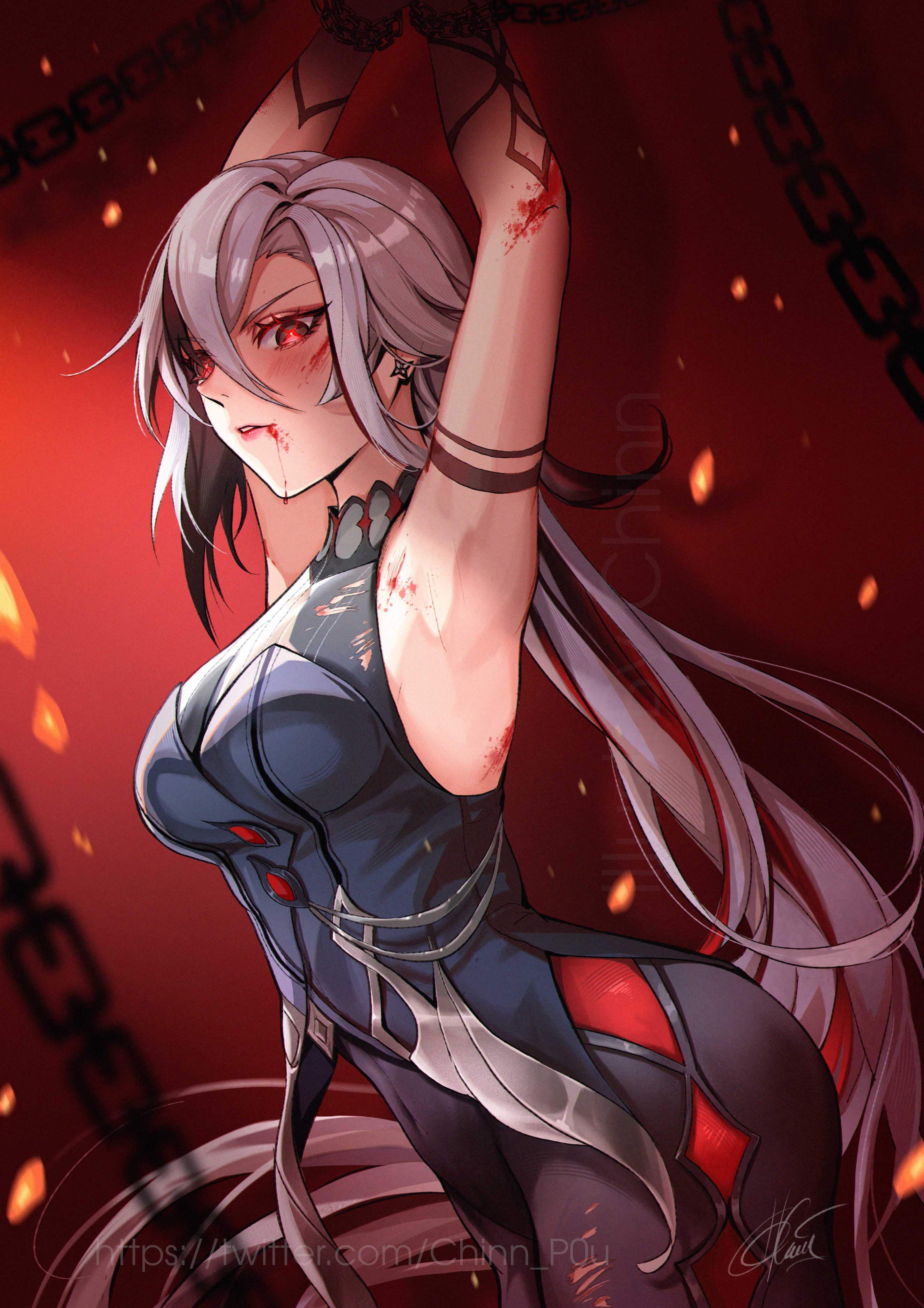 1girls, arlecchino (genshin impact), armpits, arms up, blood, blood on face, blush, bound, bound wrists, breasts, chains, clothing, female, fully clothed, genshin impact, red eyes, restrained, sleeveless, solo, white hair, x-shaped pupils