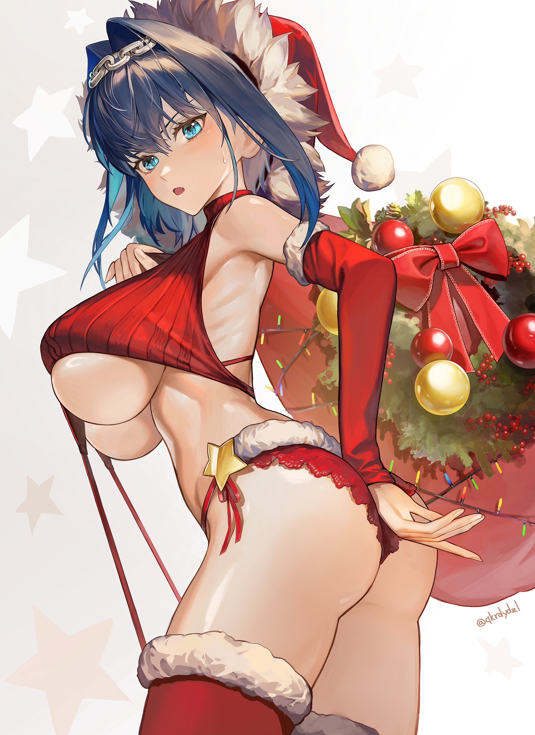 1girls, alternate version available, armwear, artist request, ass, big breasts, blue eyes, blue hair, breasts, christmas, christmas bag, christmas clothing, christmas hat, christmas headwear, christmas outfit, female, hi res, hololive, hololive english, hololive english -council-, hololive english -promise-, huge breasts, large breasts, light skin, light-skinned female, ouro kronii, panties, red armwear, red panties, red thighhighs, red topwear, santa hat, short hair, thighhighs, thin female, underboob, virgin destroyer sweater, virtual youtuber