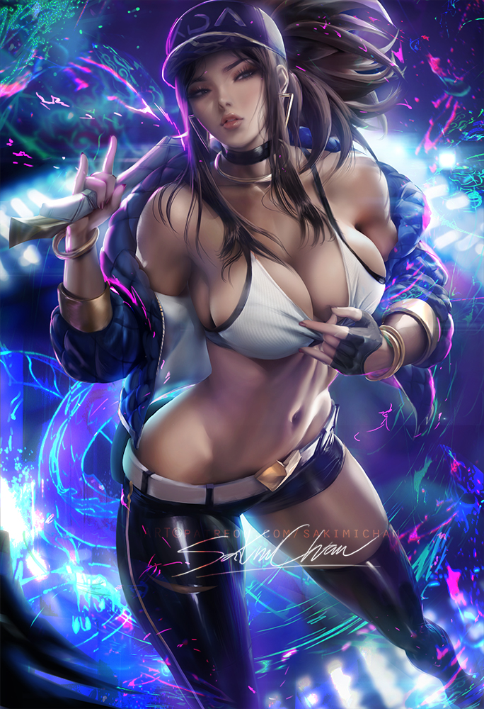 1girls, akali, alternate costume, belly button, breasts, cleavage, female, female only, k/da akali, k/da series, league of legends, lipstick, looking at viewer, medium breasts, midriff, pinup, sakimichan, solo