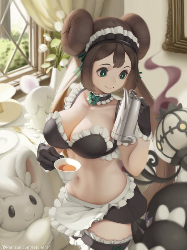 bra breasts brown_hair chandelure cinccino cleavage clothing female gothorita large_breasts letdie1414 litwick long_hair maid navel nintendo pokemon rosa_(pokemon) smile standing thighhighs