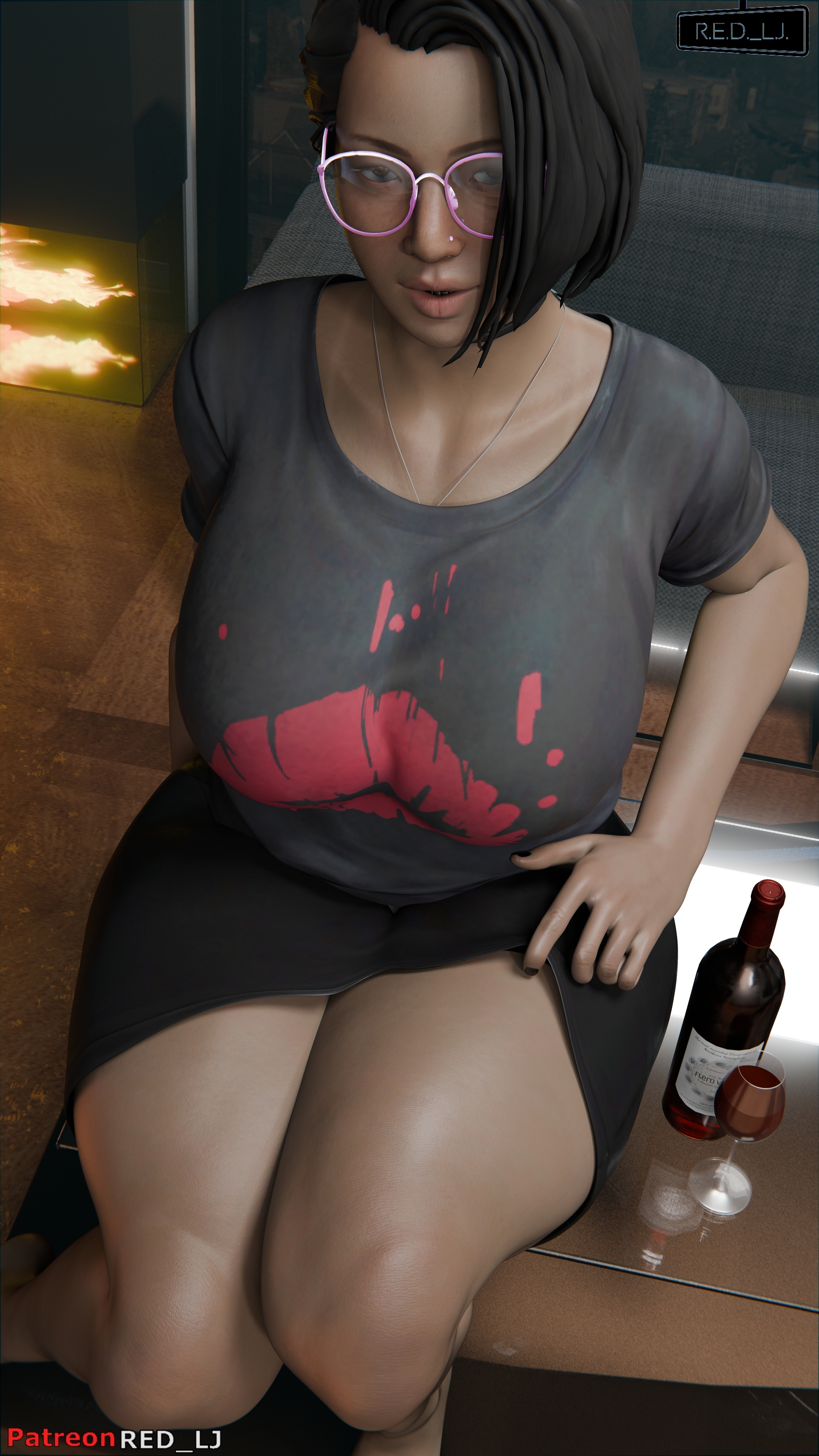 1girls, 3d, alex chen, black hair, blender (software), cup, female, glasses, life is strange, life is strange: true colors, red lj, skirt, square enix