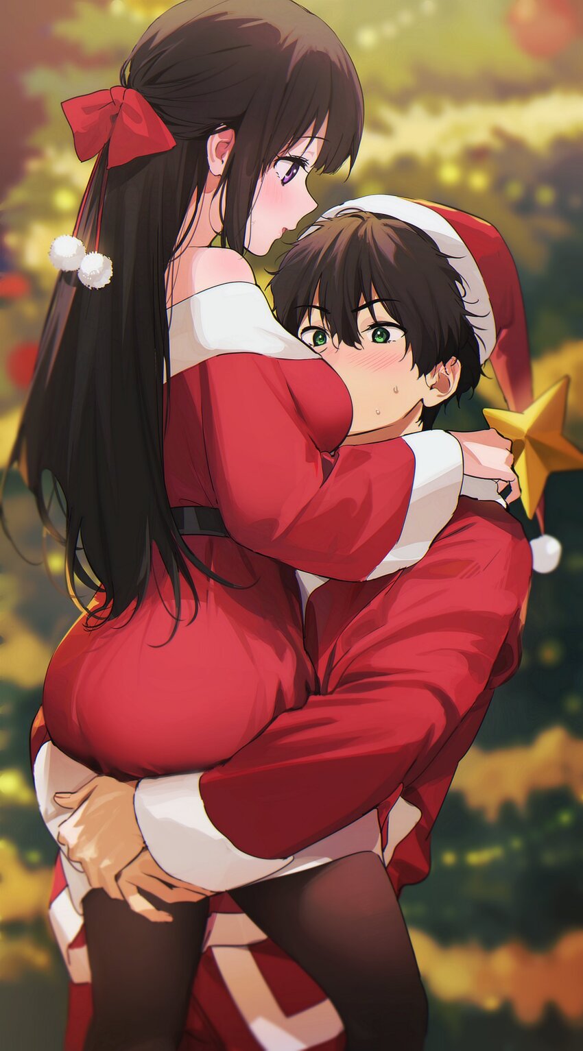 1boy 1boy1girl 1girls black_hair black_hair_female black_leggings blush blushing breasts_against_head breasts_on_face brown_hair brown_hair_male carrying carrying_partner chitanda_eru christmas christmas_clothing christmas_headwear christmas_outfit christmas_tree face_against_breast green_eyes hyouka leggings lifting_person light-skinned_female light-skinned_male light_skin looking_at_breasts mery_(yangmalgage) oreki_houtarou purple_eyes santa_dress santa_hat santa_suit staring_at_breasts