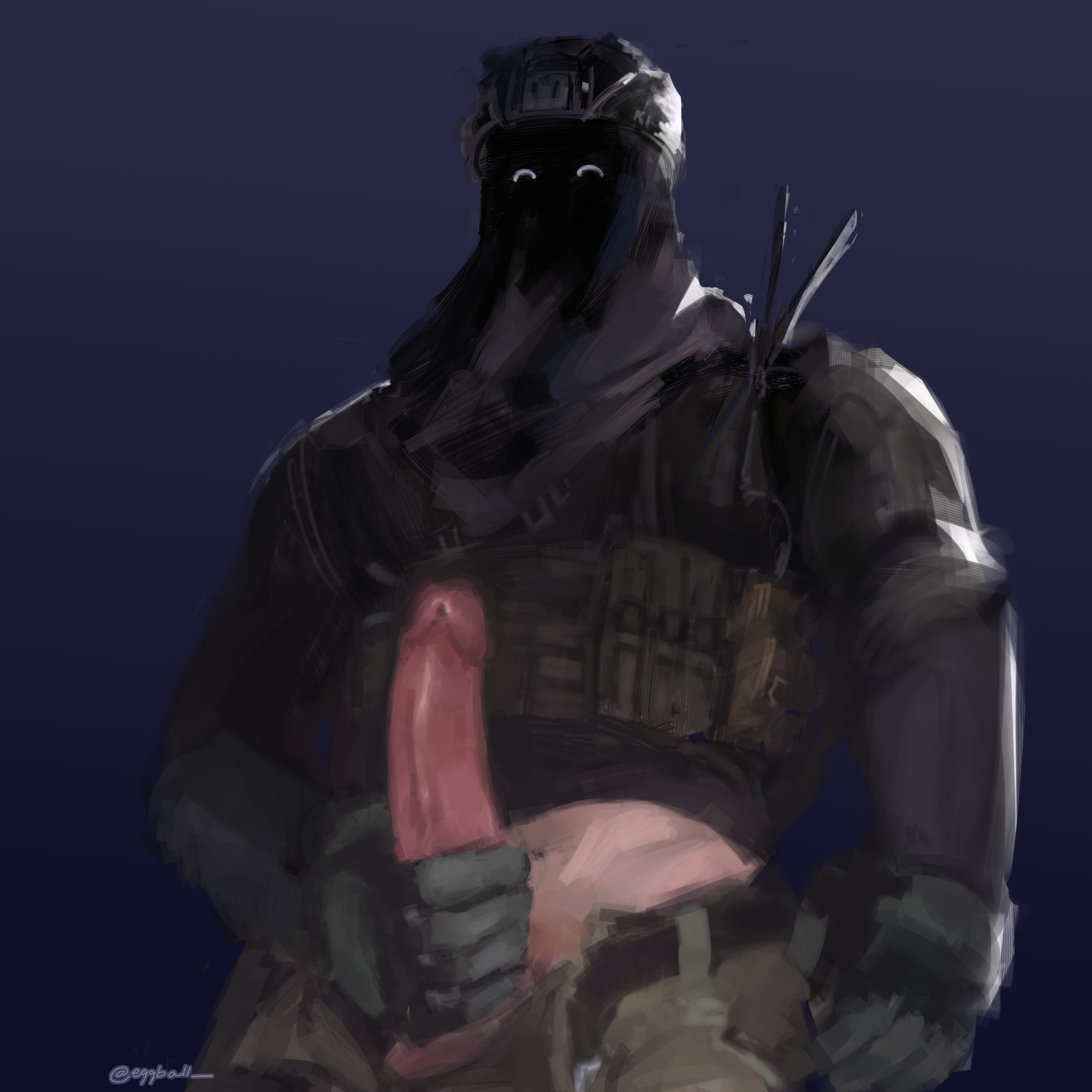 1boy, balls, big penis, call of duty, call of duty modern warfare 2 (2022), cock, eggball, gloved hands, gloves, human, humanoid penis, könig, konig, looking down, male, male only, masked male, military uniform, penis, simple background, solo