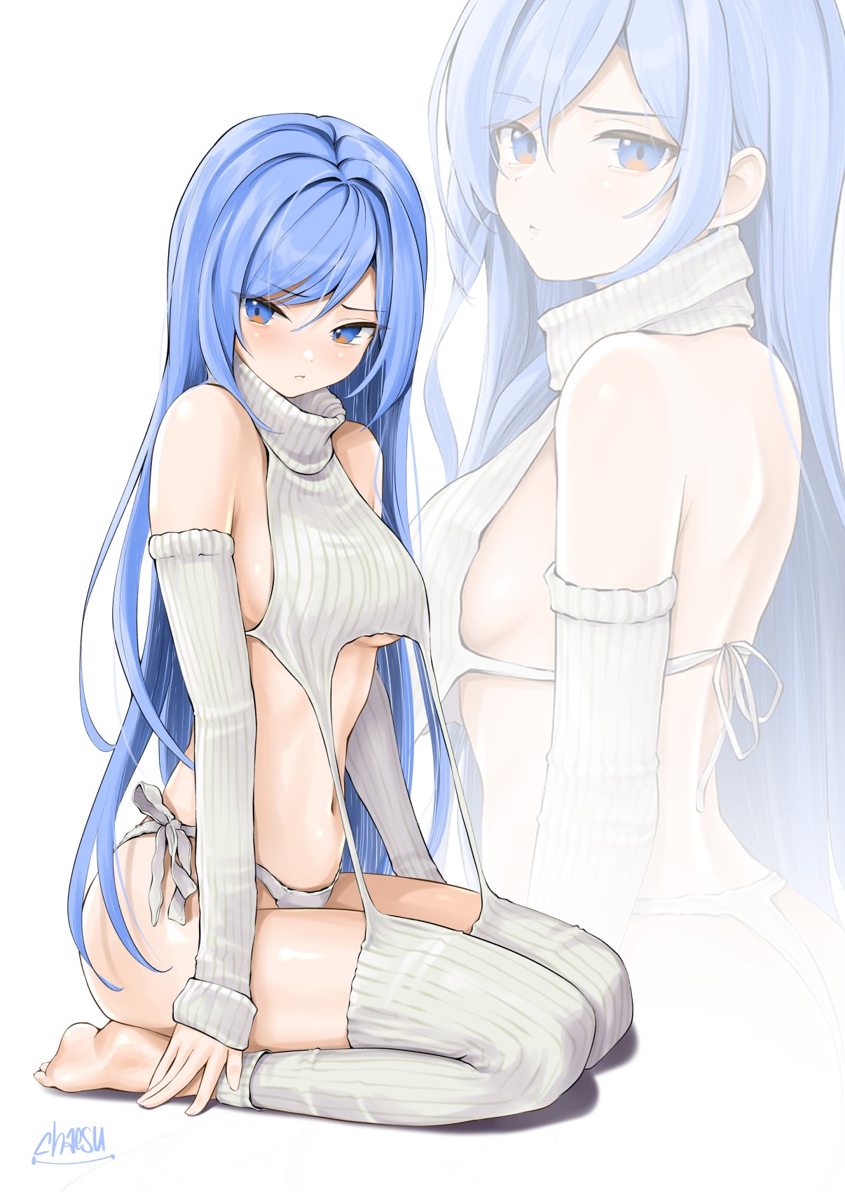 1girls angry belly blue_eyes blue_hair chaesu crop_top embarrassed female half_naked minah orange_eyes sideboob sweater underboob virgin_destroyer_sweater virgin_killer_sweater white_clothing white_panties