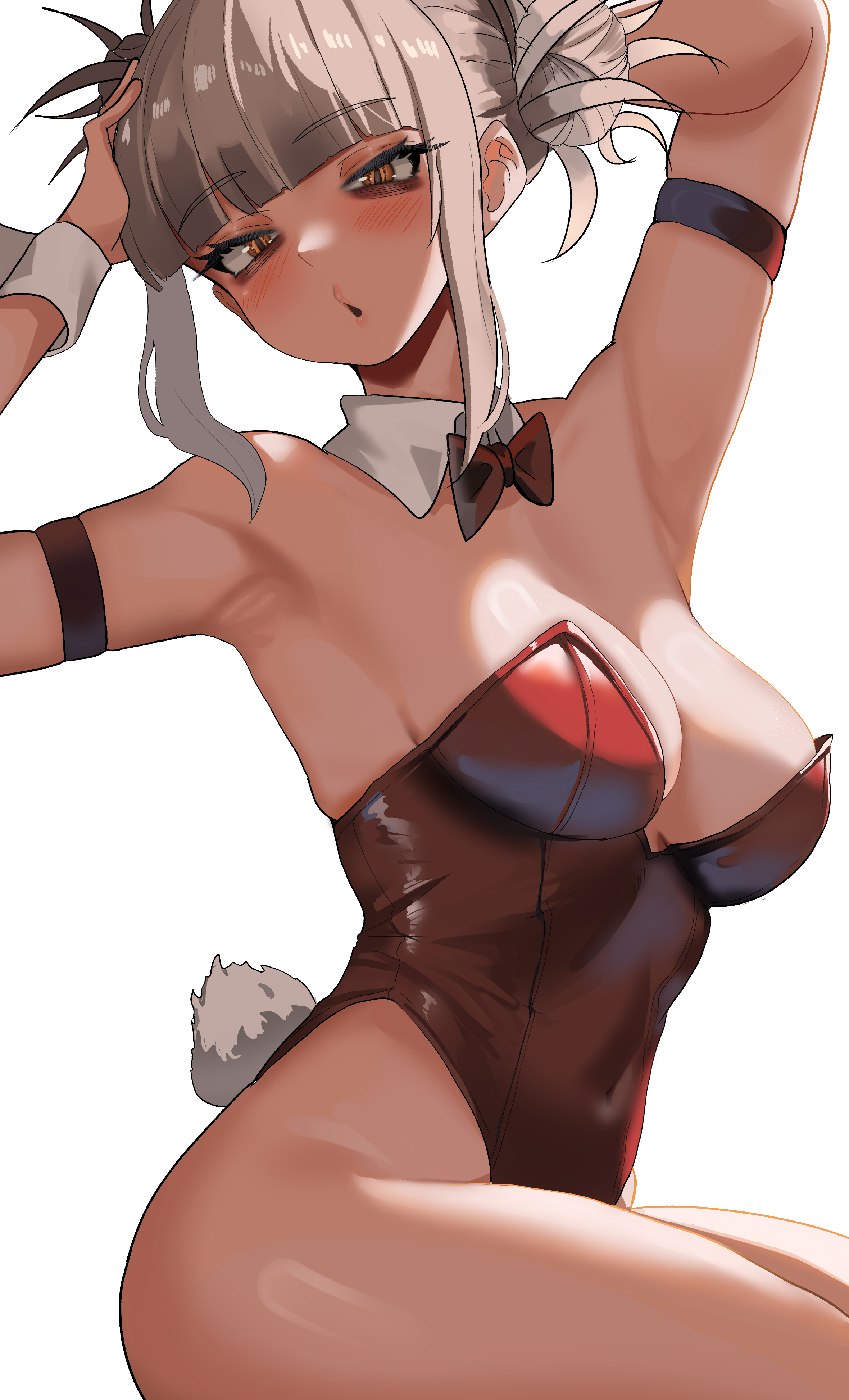 1girls, absurd res, armpits, arms up, bangs, blonde hair, blonde-haired female, blunt bangs, bow, bowtie, breasts, bunnysuit, detached collar, eyebrows visible through hair, female, female only, hair bun, hi res, highres, himiko toga, leotard, my hero academia, parted lips, solo, tail, wrist cuffs, yellow eyes, zd (pixiv6210083)