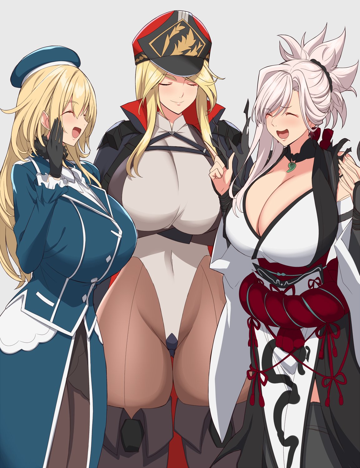 3girls armor arms_under_breasts asymmetrical_hair atago_(kantai_collection) bare_shoulders beret black_gloves black_thighhighs blonde_hair bodysuit boots breasts brown_footwear cleavage closed_eyes closed_mouth coat collared_leotard covered_navel crossed_arms crotch_plate dragon dragon_print earrings eastern_dragon fate/samurai_remnant fate_(series) front-seamed_legwear gloves grey_background hair_bun hair_ornament hand_on_own_face hand_up hands_up hat highleg highleg_leotard highres huge_breasts indomitable_marie jacket jacket_on_shoulders japanese_armor japanese_clothes jewelry kantai_collection kepi kimono kloah kote last_origin leotard long_hair magatama magatama_necklace military military_hat military_uniform miyamoto_musashi_(fate) multiple_girls necklace obi official_alternate_costume open_mouth pantyhose pink_hair ponytail red_headwear rope sash seamed_legwear shimenawa side_slit simple_background skirt smile standing swept_bangs tassel thick_eyebrows thick_thighs thigh_boots thighhighs thighs trench_coat uniform white_kimono white_leotard wide_sleeves