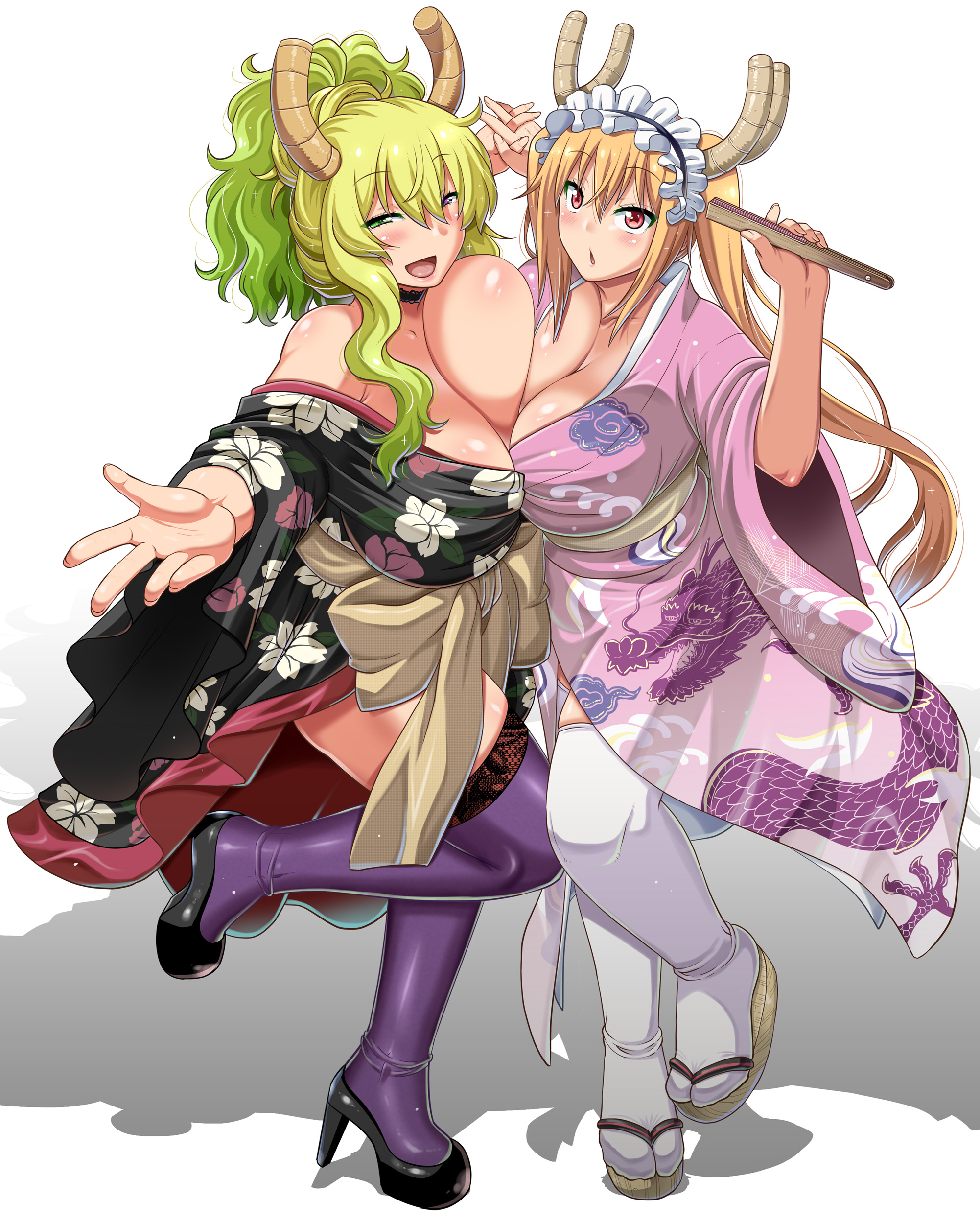 2girls, asymmetrical docking, breast size difference, breasts, duo, female, female only, horny, huge breasts, japanese clothes, large breasts, maid headdress, miss kobayashi's dragon maid, monster girl, quetzalcoatl (dragon maid), standing, standing on one leg, tohru (dragon maid), utamaro
