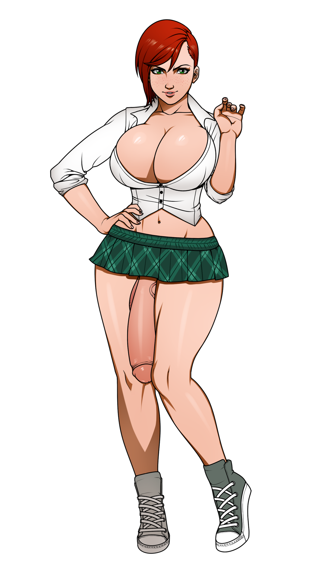 1futa, ass, big ass, color, cute, dickgirl, futa only, futanari, intersex, popsicle bunny, red hair, solo, white background