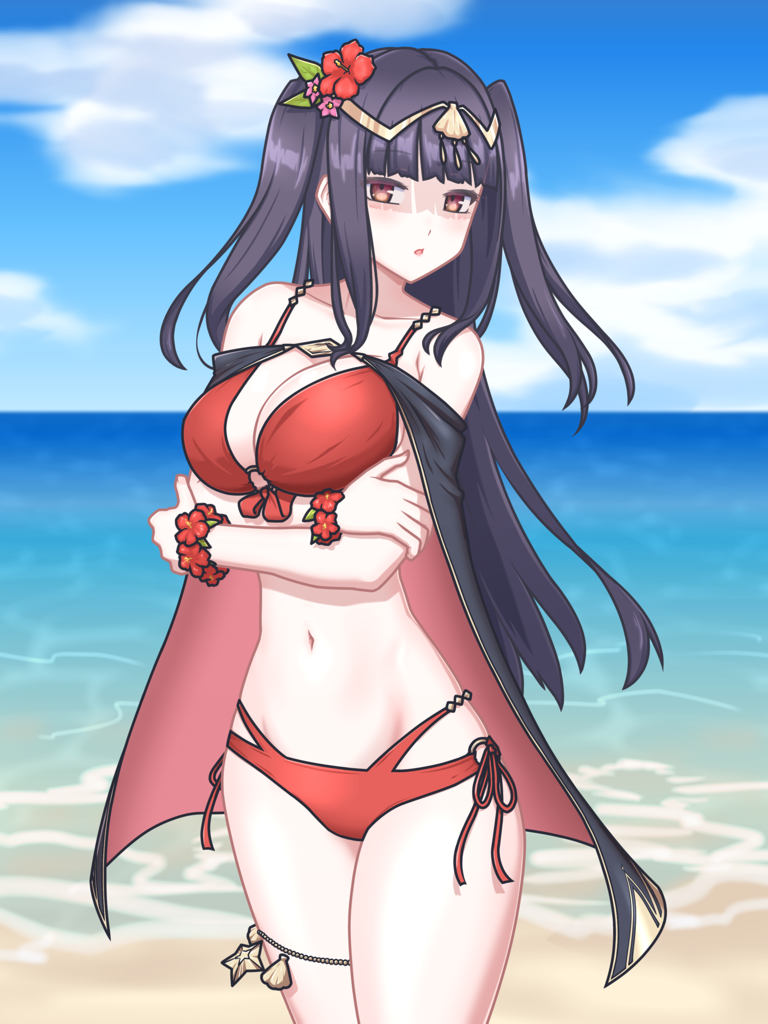 1girls 2023 alternate_costume beach bikini black_hair bracelet brown_eyes cape cleavage female female_only fire_emblem fire_emblem_awakening fire_emblem_heroes flower hair_flower large_breasts looking_at_viewer nintendo ocean official_alternate_costume outdoors red_bikini red_swimsuit sand solo standing swimsuit tharja_(fire_emblem) tharja_(summer)_(fire_emblem) u_yu_mu