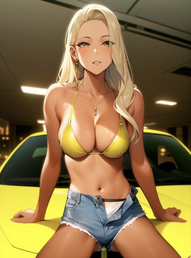 2020s 2023 adult adult_female adult_girl ai_generated bikini bikini_top blonde_hair blue_bottomwear blush blushing bra breasts busty car denim_shorts jean_shorts light-skinned_female light_skin long_hair long_hair_female love manga moderate_tomboy necklace original_character panties seductive shiny_hair shiny_skin short_jeans shorts sitting sitting_on_car sitting_on_vehicle tan_body tan_skin unbuttoned_bottomwear unbuttoned_pants unbuttoned_shorts unzipped_bottomwear yellow_bikini yellow_bikini_top yellow_bra yellow_eyes