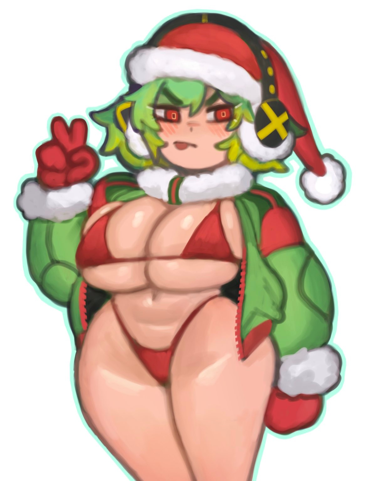 1girls, bikini, blush, breasts, christmas, female, gloves, green hair, hi res, huge breasts, indie virtual youtuber, kelvin hiu, navel, original, original character, peace sign, red eyes, reycall sounds, santa hat, short hair, shortstack, swimsuit, thick thighs, v, v sign, virtual youtuber, white background, wide hips