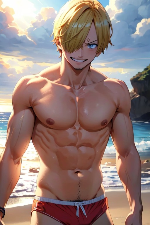 ai_generated beach gay male male_only one_piece sanji swimwear yaoi